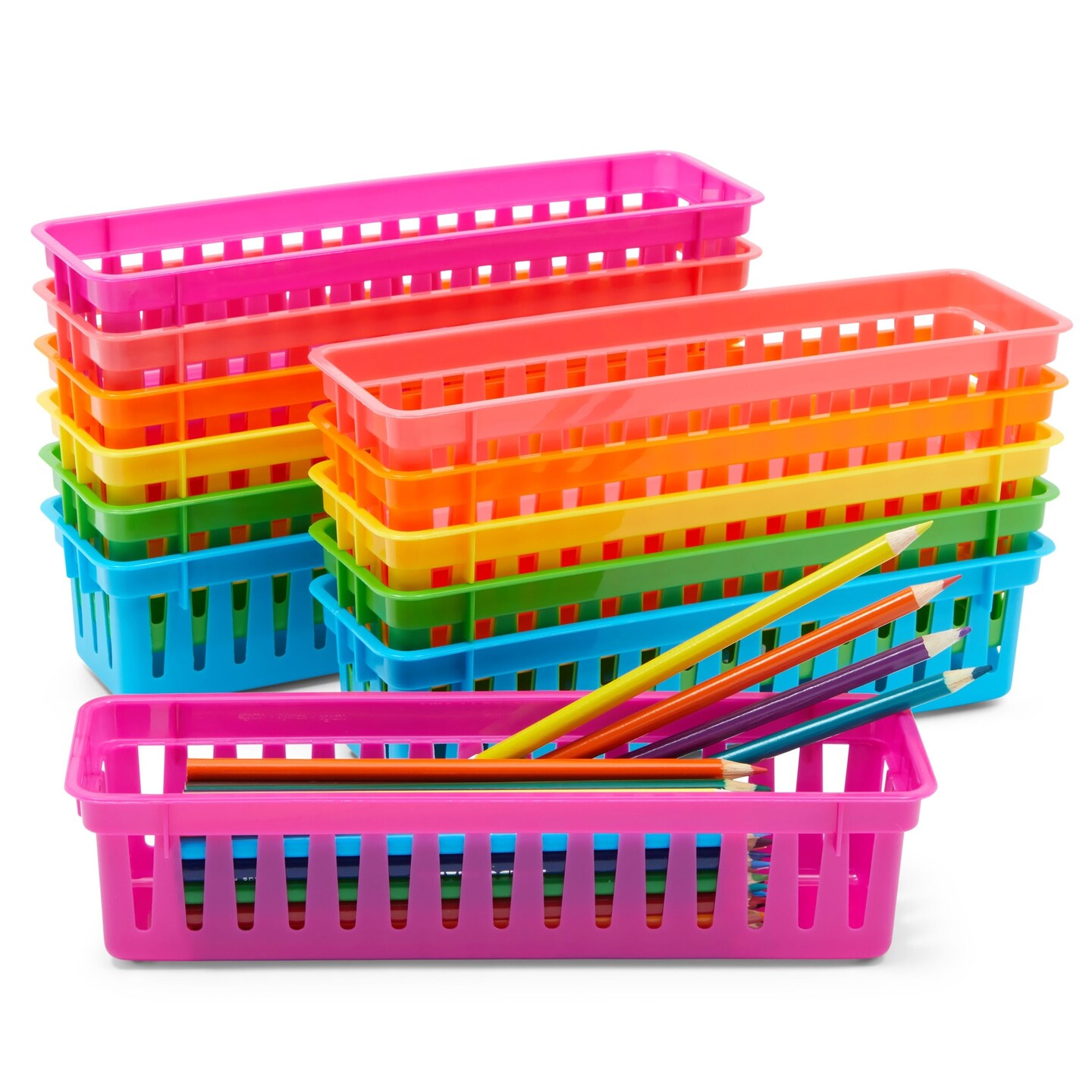 12-Pack Pencil Holder Trays and Organization Baskets - Plastic Caddy for Desk and Elementary Teacher Supplies for Classroom Decoration (Rainbow)