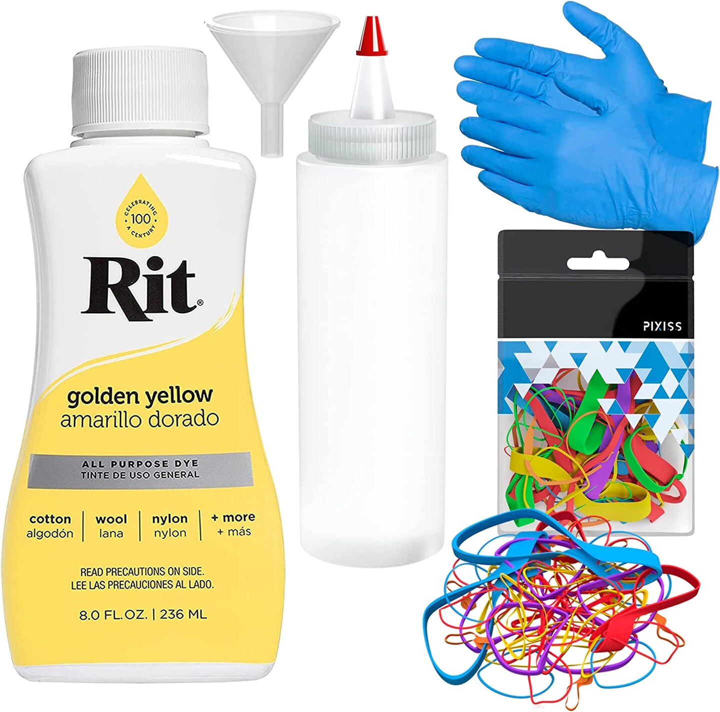 Rit Dye Liquid Golden Yellow All-Purpose Dye 8oz, Pixiss Tie Dye Accessories Bundle