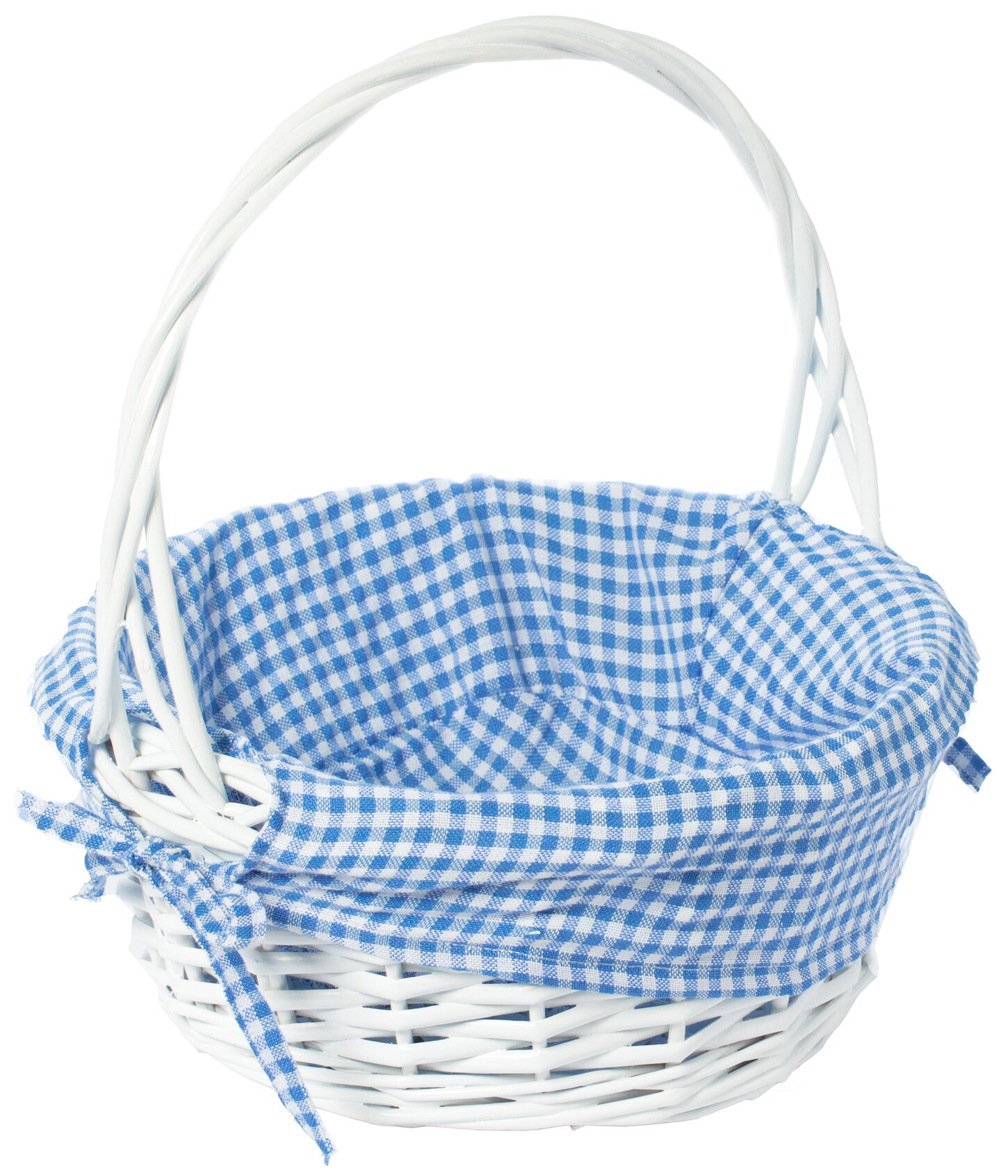 White Round Willow Gift Basket, with Gingham Liner and Handle