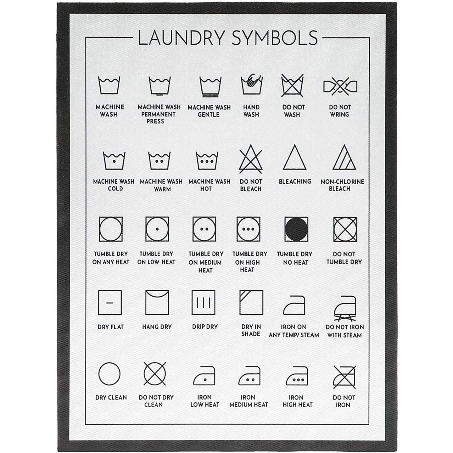 Framed Laundry Symbols Wall Art Sign for Home Decor, Wood Care Guide Poster, White (12 x 16 In)