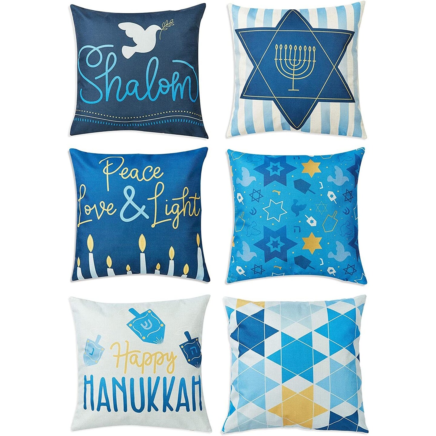 Juvale Hanukkah Throw Pillow Covers, Blue Cushion Cover Set (18 x 18 Inches, 6 Pack)