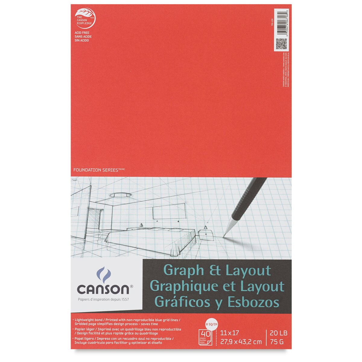 Canson Foundation Graph Pad - 11" x 17", 8" x 8" Grid, 40 Sheets