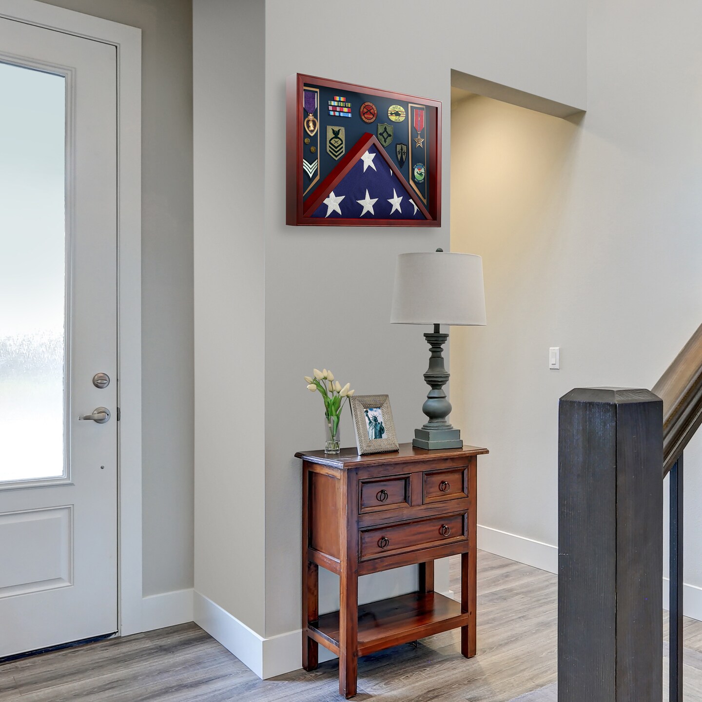 Reminded Military Shadow Box Display Case for Medals &#x26; Burial Flag - Solid Wood&#xA0;Cabinet with Velvet Insert