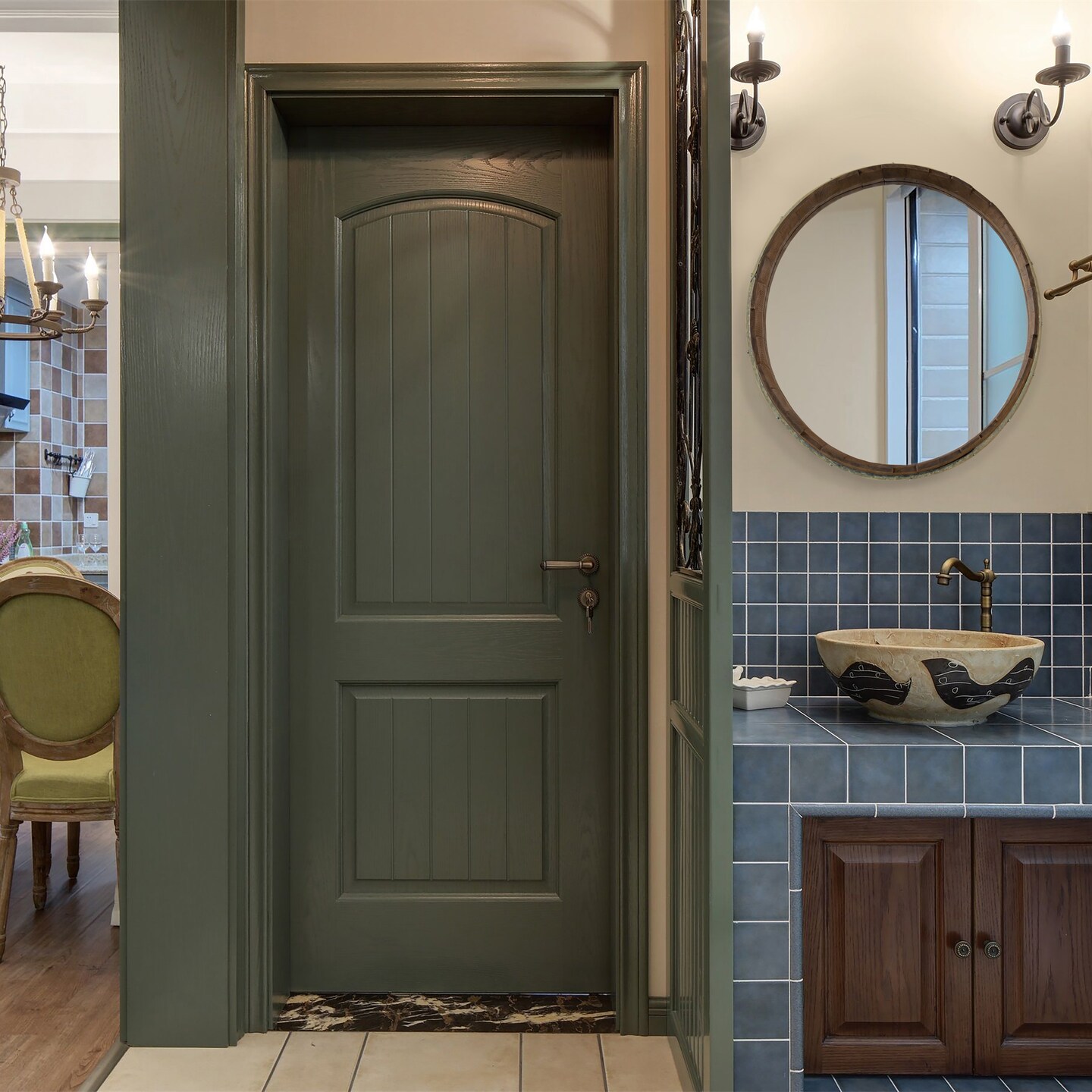 Round Rustic Wood and Galvanized Metal Framed Wine Barrel Shaped Wall Mirror