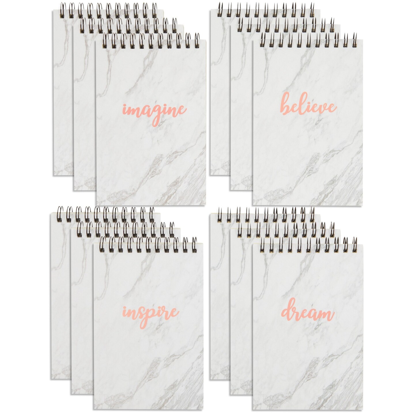 12 Pack Small Spiral Bound Motivational Notebooks, Bulk Marble Rose Gold Note Pads, 50 Sheets Each (4 x 6 In)