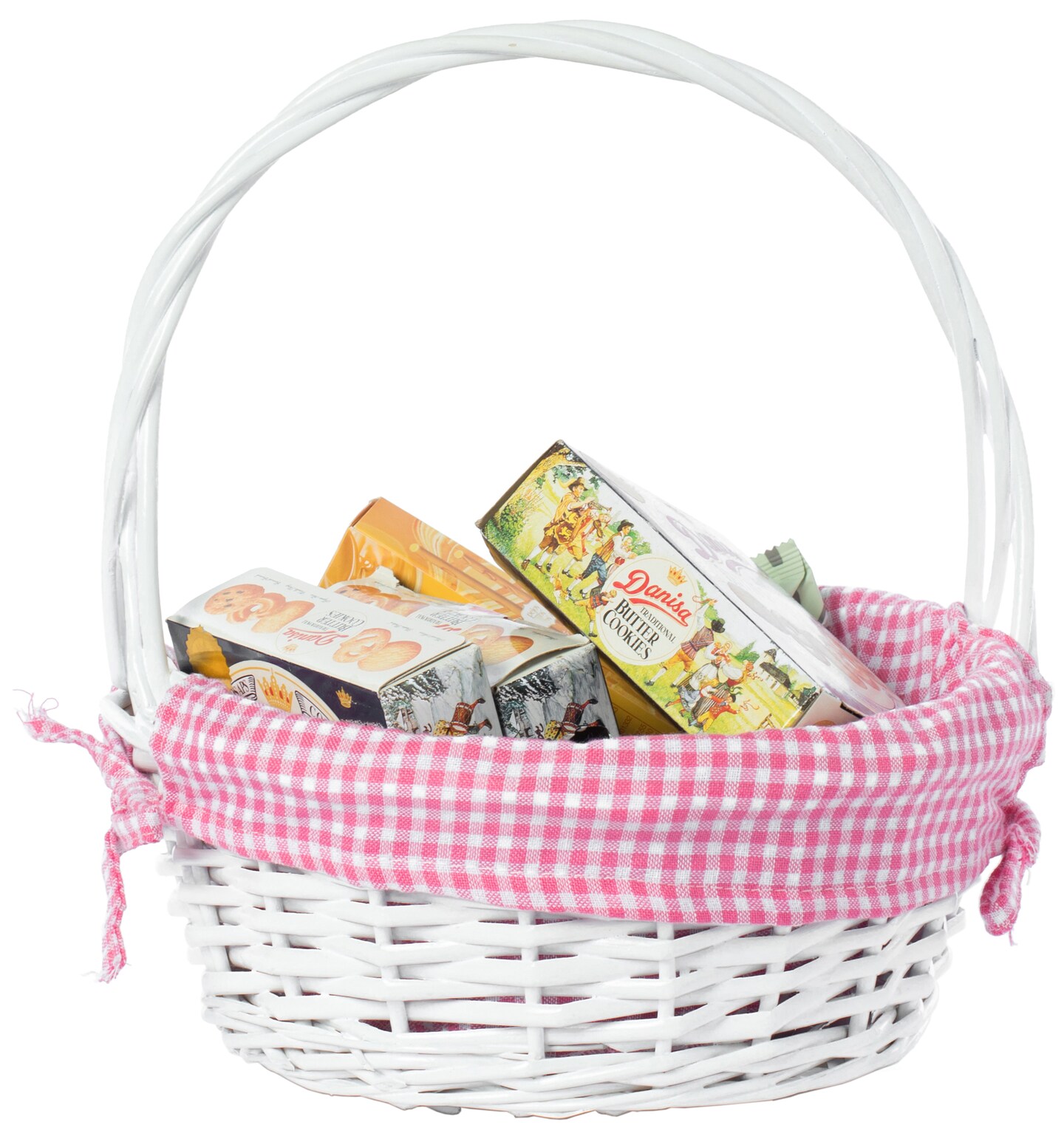 White Round Willow Gift Basket, with Gingham Liner and Handles