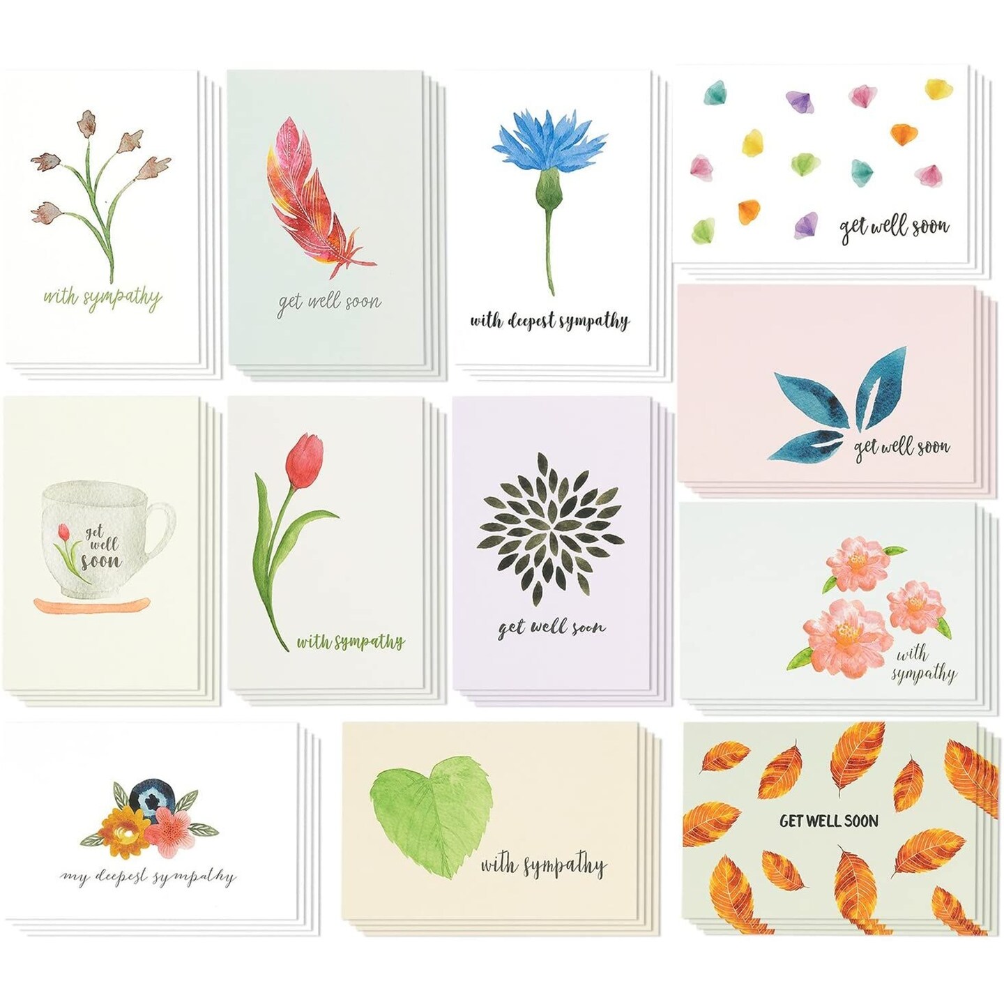 48 Pack Get Well Soon Sympathy Cards with Envelopes, Bulk Assortment Box  with 12 Designs, Blank Inside (4x6 inch)