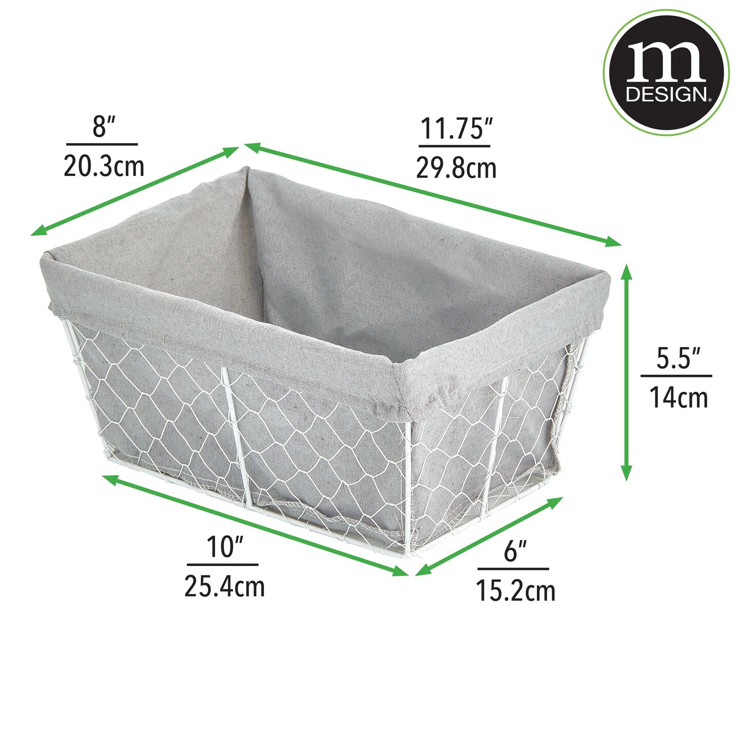 mDesign Medium Chicken Wire Storage Basket, Fabric Liner, 2 Pack, White