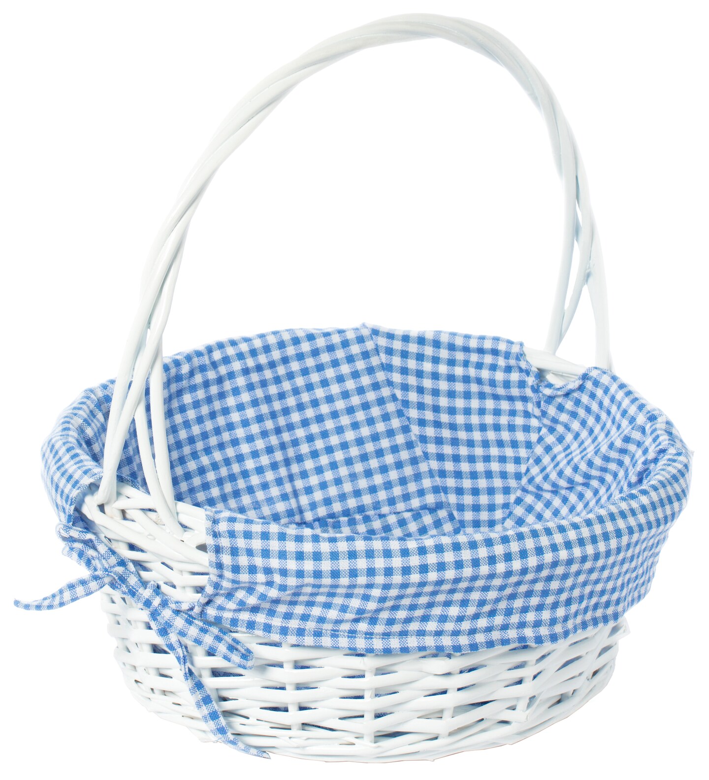 White Round Willow Gift Basket, with Gingham Liner and Handle