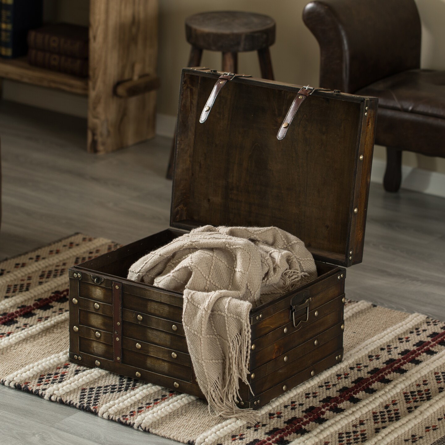 Wooden Brown Storage Trunk with Faux Leather Straps and Handles
