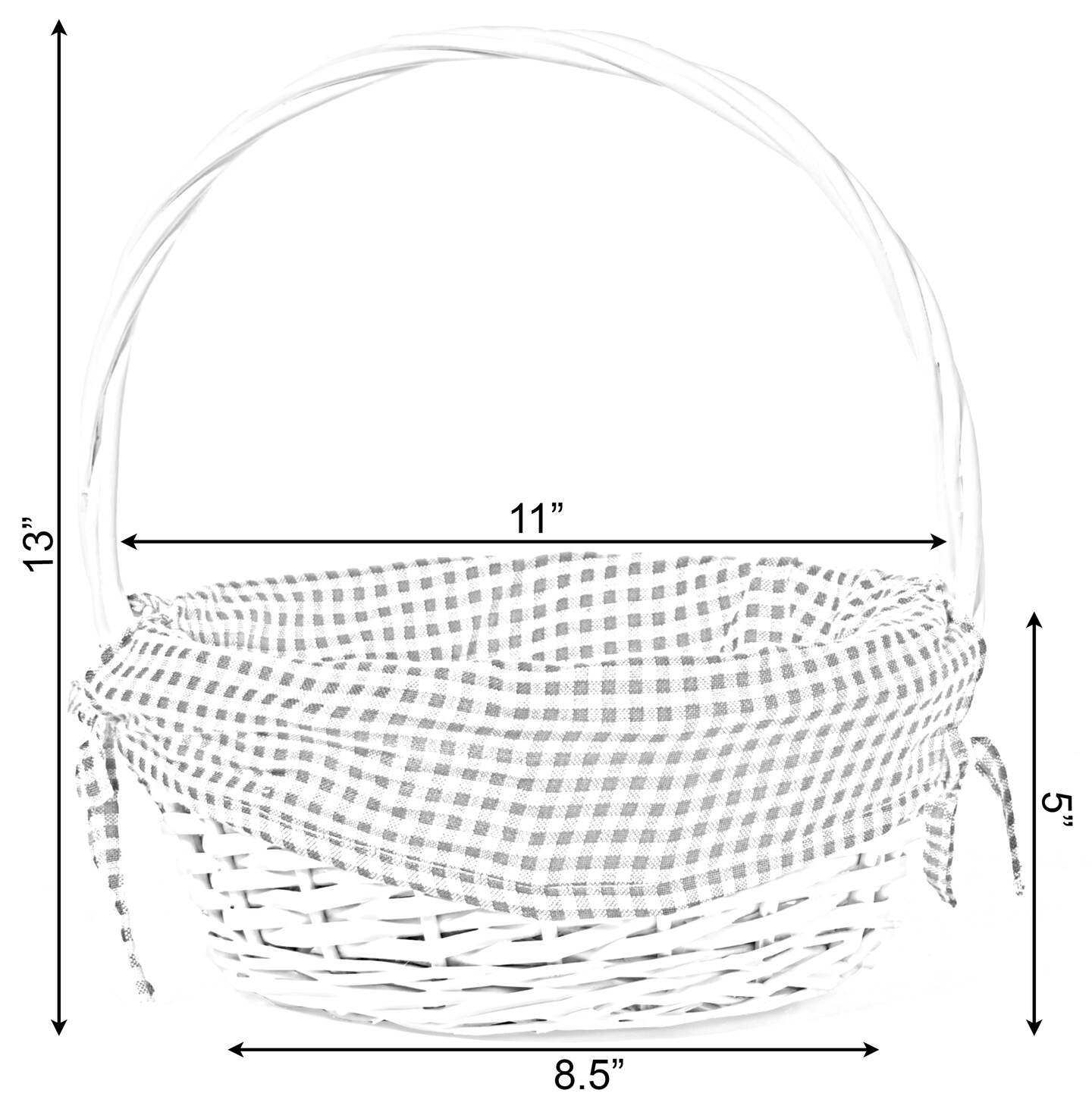 White Round Willow Gift Basket, with Gingham Liner and Handle