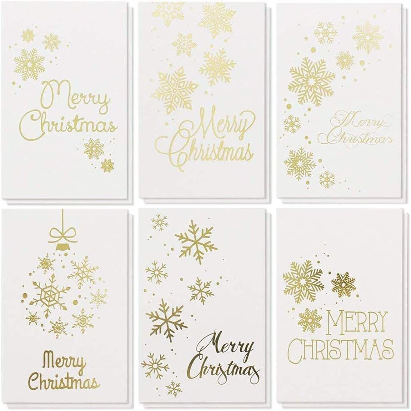 48 Pack Merry Christmas Greetings Cards with Envelopes Set, 6 Festive Gold Foil Snowflakes Designs (4 x 6 In)