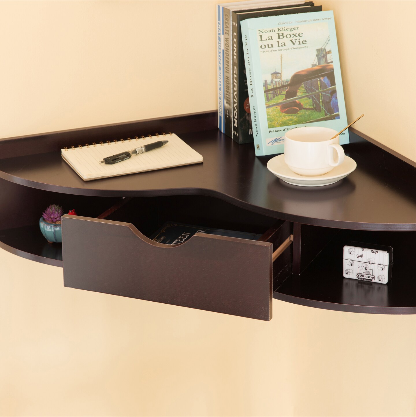 Corner Desk Heart Shaped Wall Mounted Office Table with Drawer and Two Shelves Computer Writing Desk