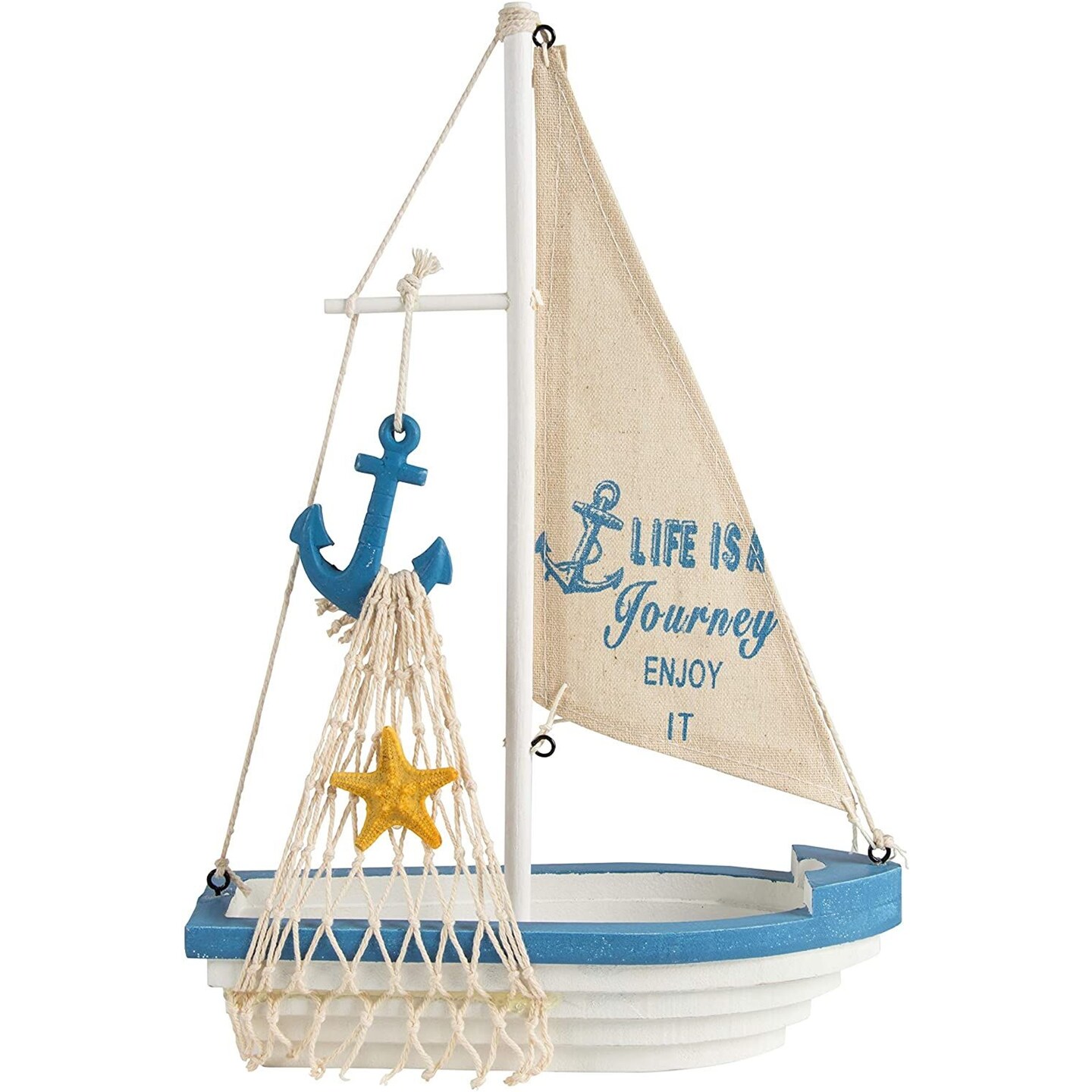 Juvale Sailboat Model Decoration - Wooden Sailing Boat Home Decor Set, Beach Nautical Design, Navy Blue and White with Anchor, 12.5 x 8.25 x 3 Inches