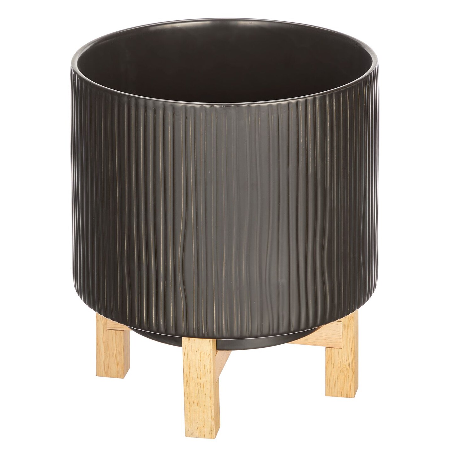 mDesign Ceramic Lines Planter Pot w/ Rubberwood Plant Stand Michaels