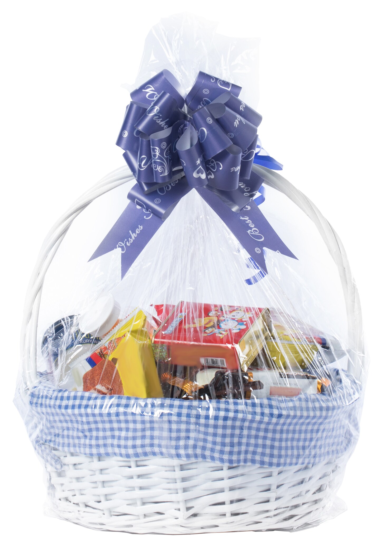 White Round Willow Gift Basket, with Gingham Liner and Handles