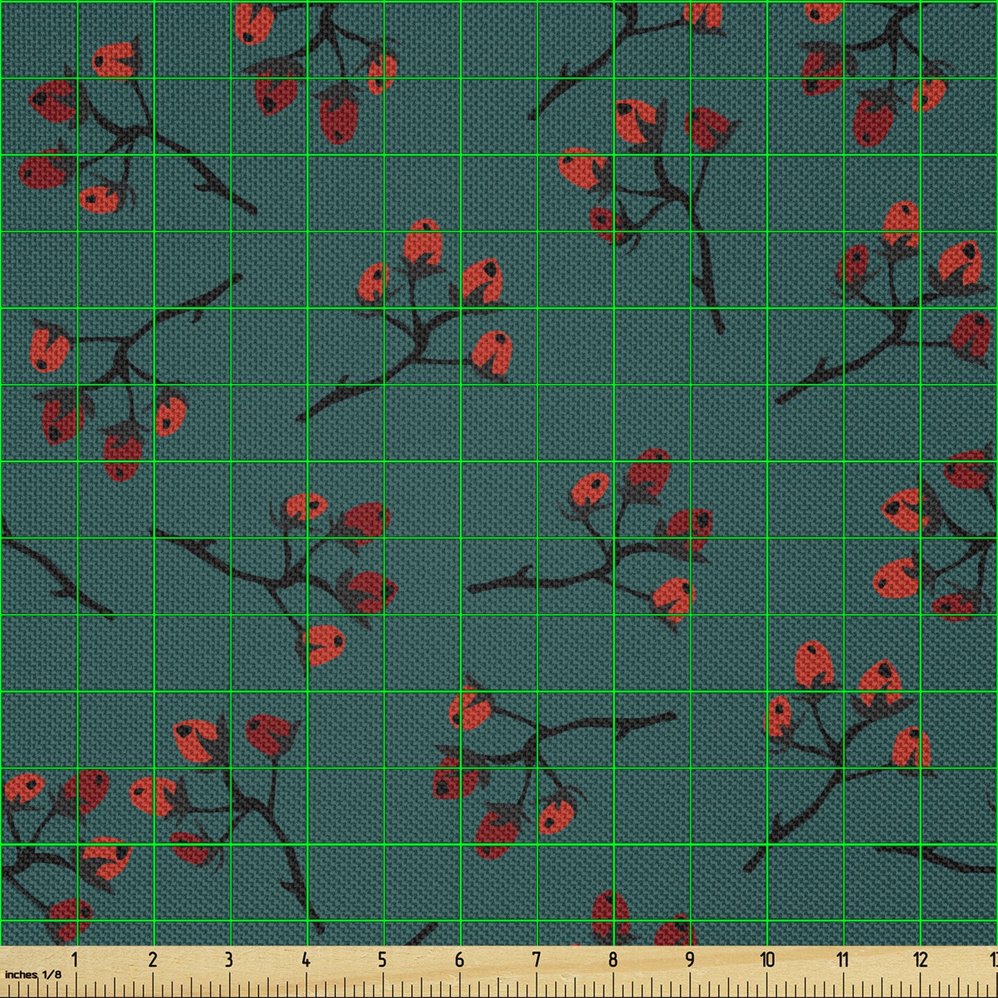 Ambesonne Teal Fabric by The Yard, Whimsical Modern Style Berry Christmas Pattern Hand Drawn Rustic Traditional, Decorative Satin Fabric for Home Textiles and Crafts, 2 Yards, Teal Ruby Vermilion