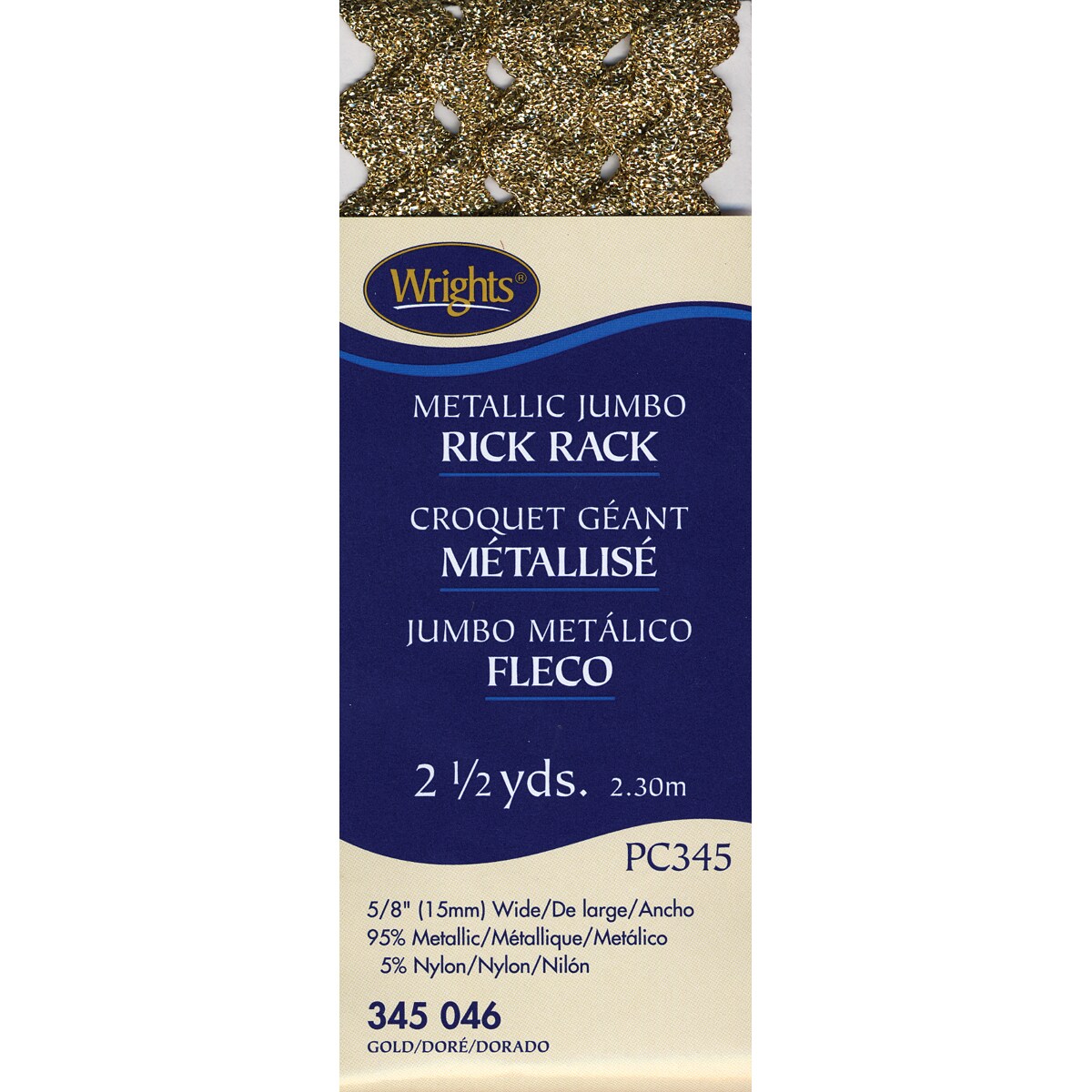 Wrights Jumbo Metallic Rickrack .625&#x22;X2.5yd-Gold