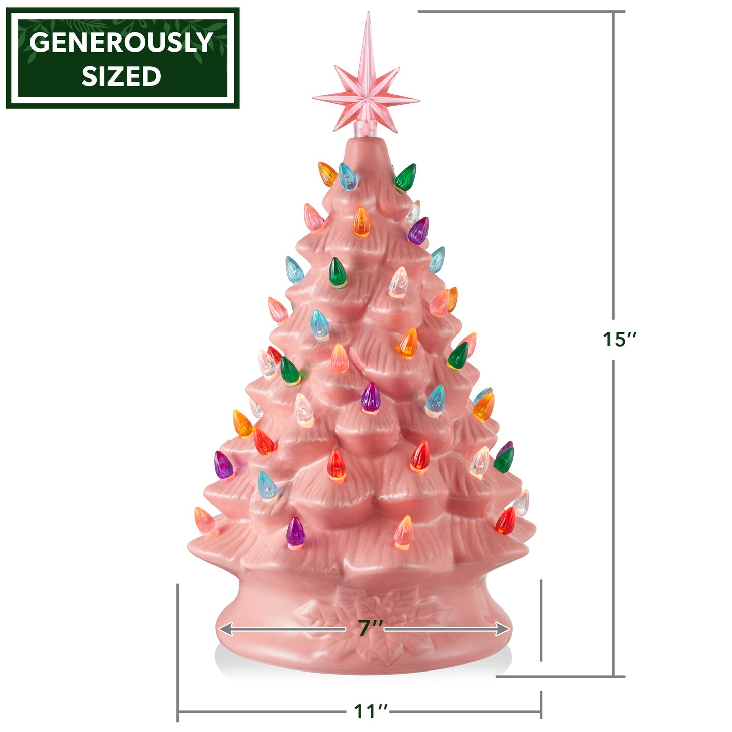 Casafield Hand Painted Ceramic Christmas Tree, Pink 15-Inch Pre-Lit Tree with 128 Multi Color Lights and 2 Star Toppers