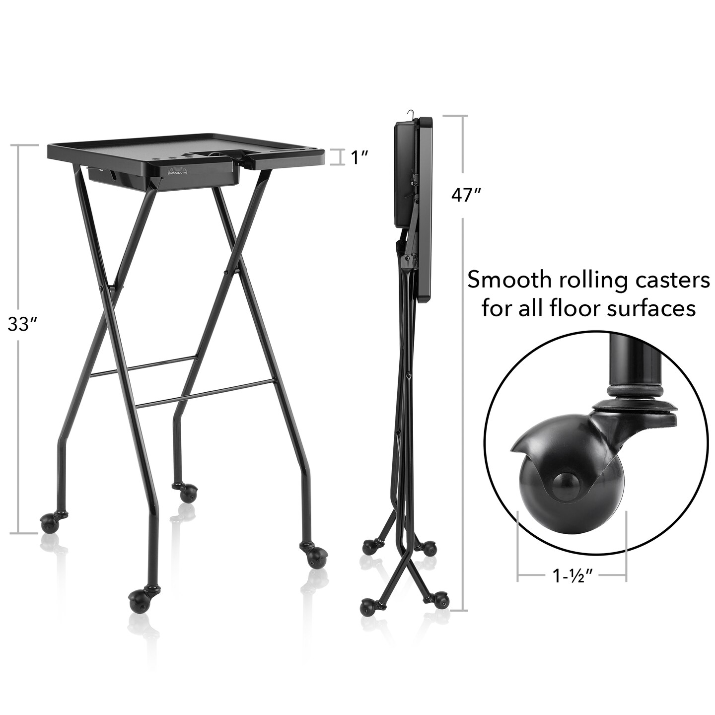 Saloniture Rolling Salon Coloring Tray - Folding Hair Stylist Color Cart with Drawer and Magnetic Bowls, Black