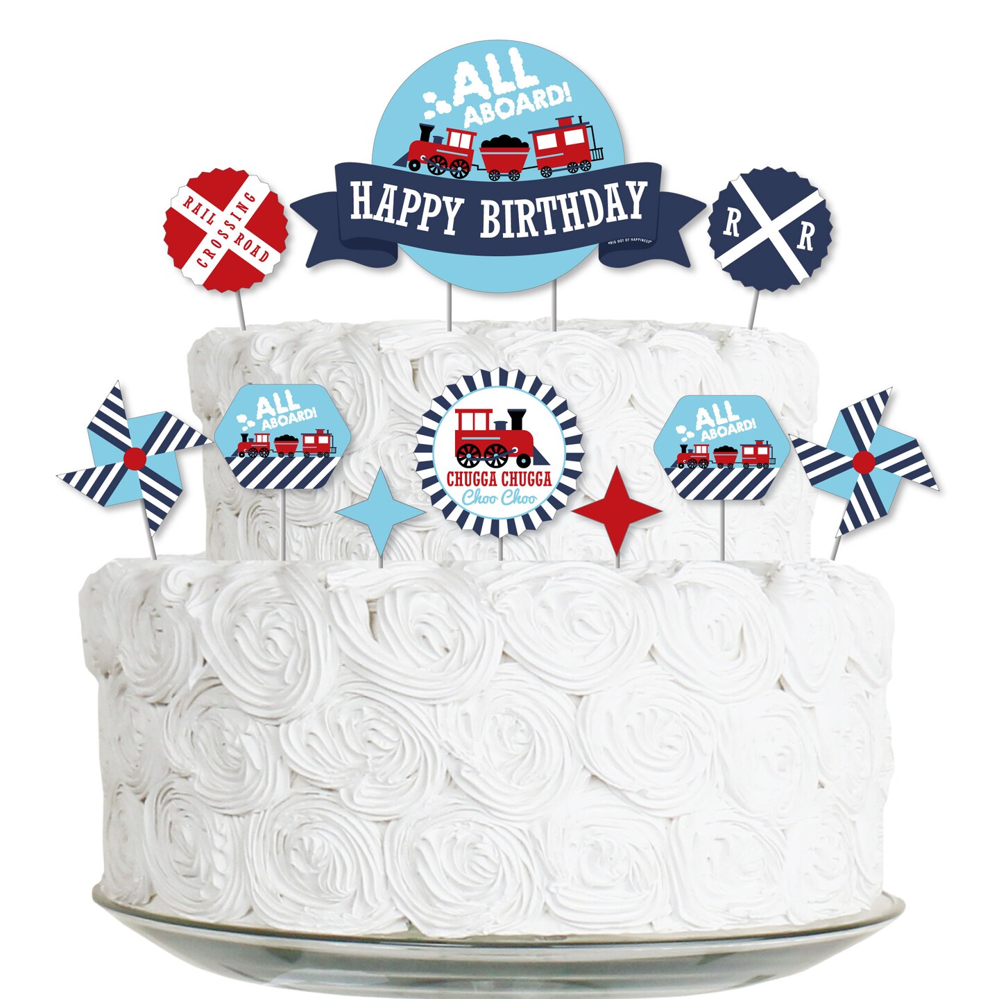 Big Dot of Happiness Railroad Party Crossing - Steam Train Birthday Party Cake Decorating Kit - Happy Birthday Cake Topper Set - 11 Pieces