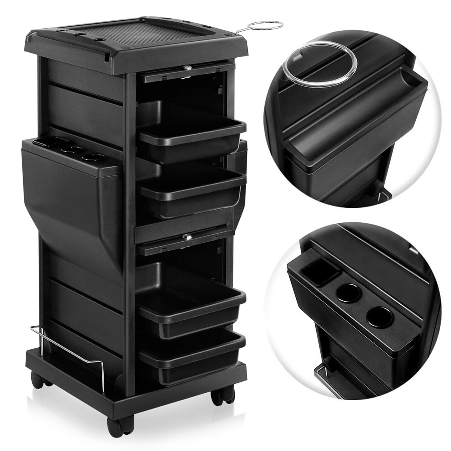 Saloniture Premium Locking Rolling Trolley Cart with Pocket Inserts - Black