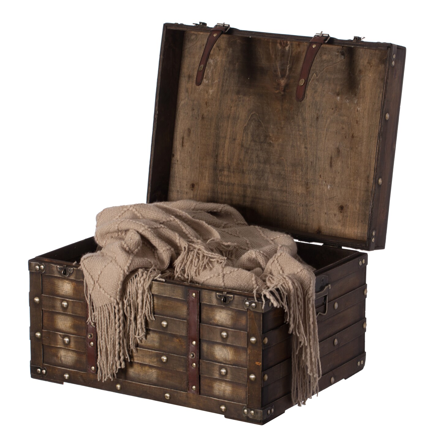 Wooden Brown Storage Trunk with Faux Leather Straps and Handles