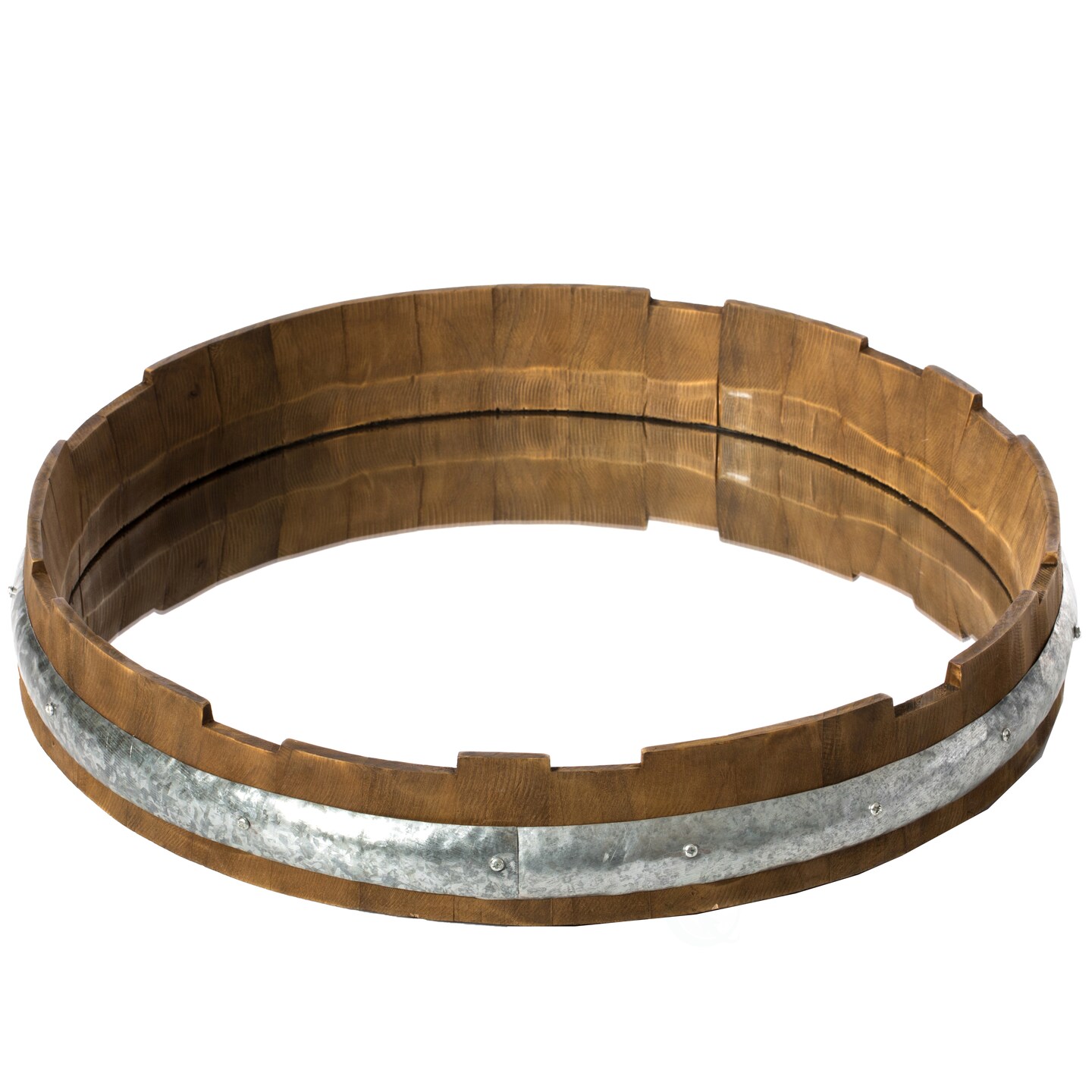 Round Rustic Wood and Galvanized Metal Framed Wine Barrel Shaped Wall Mirror