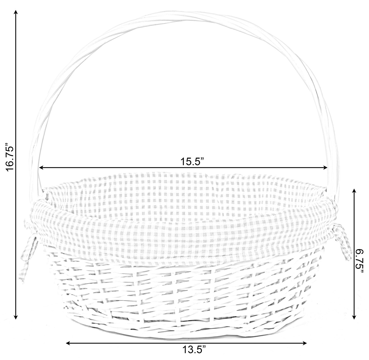 White Round Willow Gift Basket, with Gingham Liner and Handles