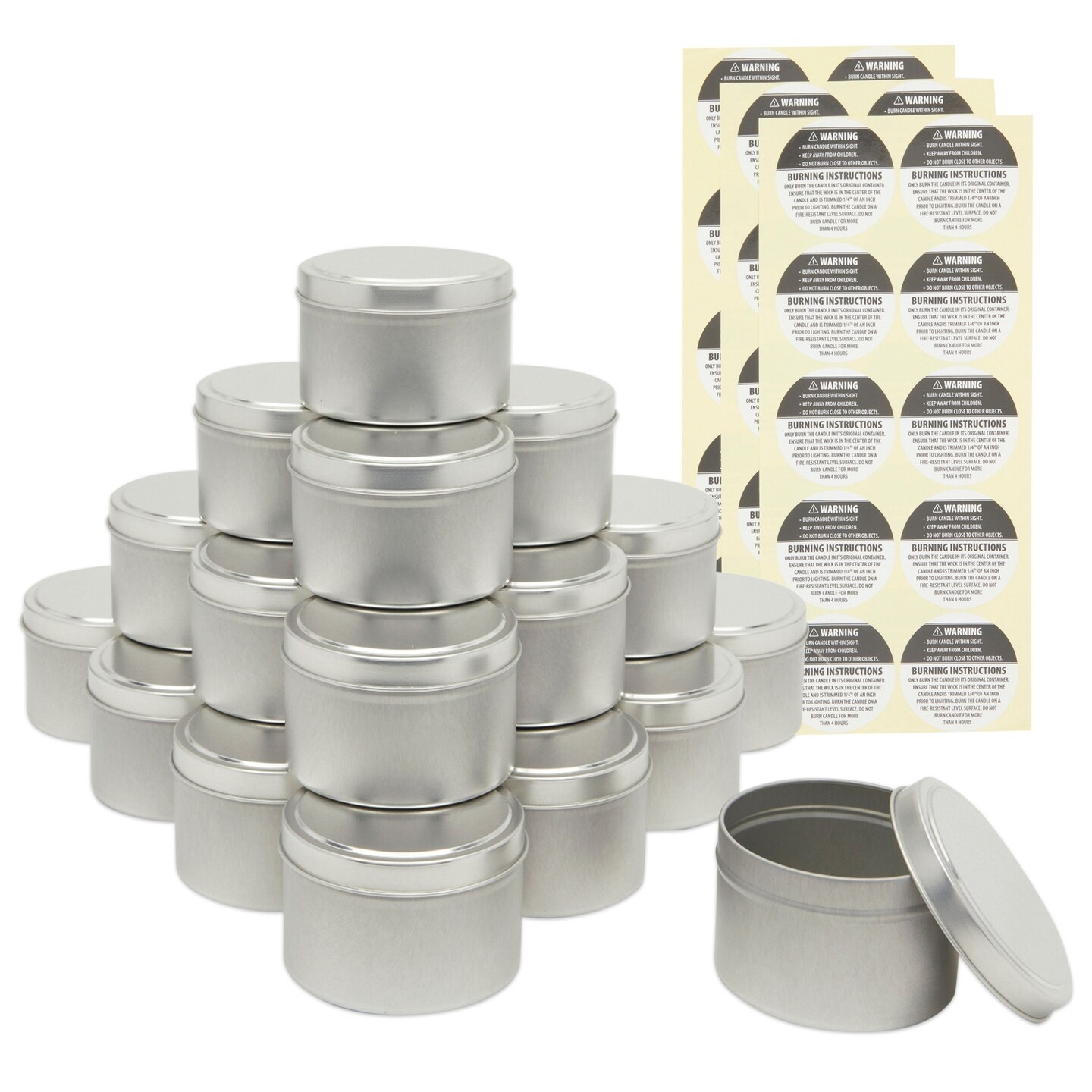Silver Tin Jars for Candle Making, 8 oz Containers with Lids, Labels (24 Pack)