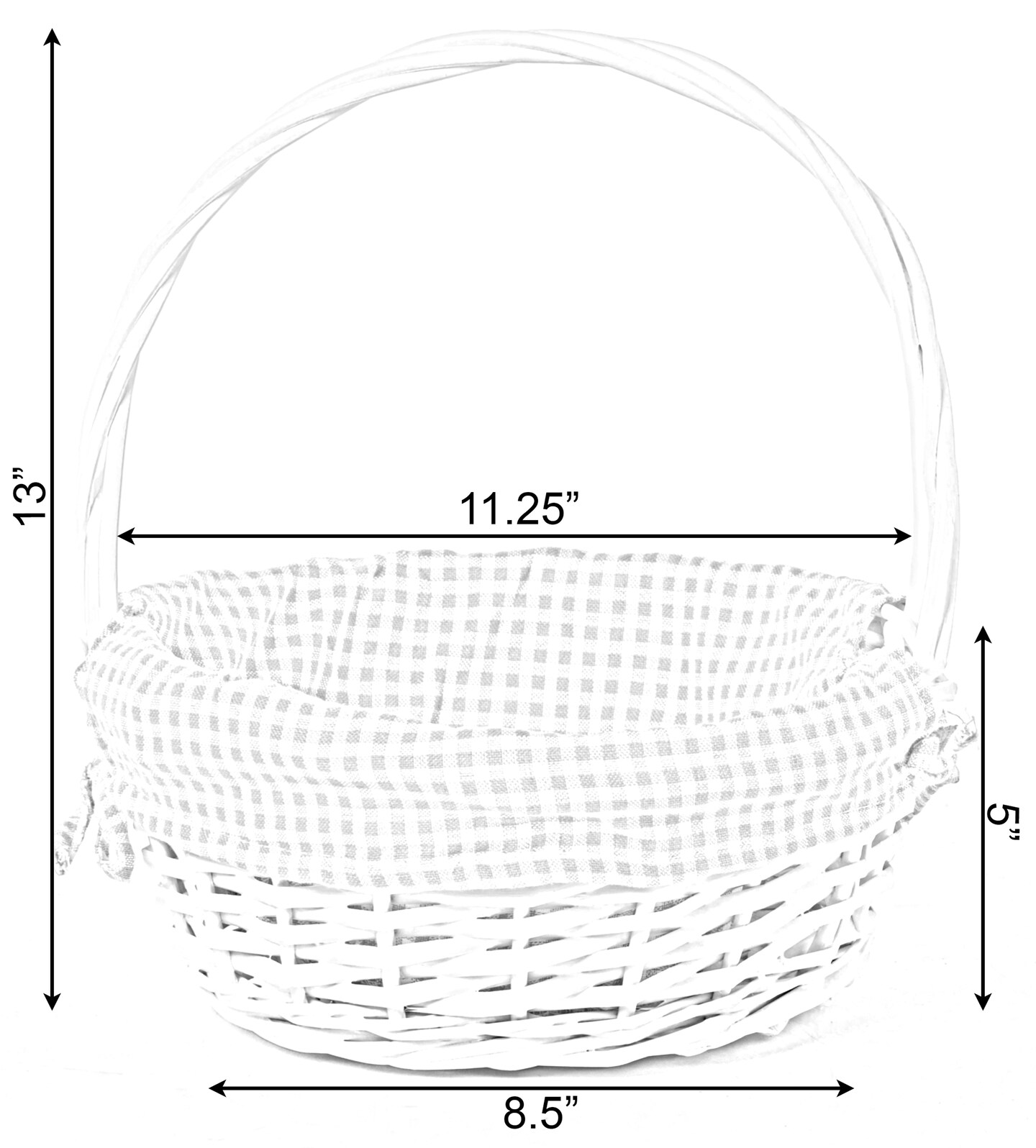 White Round Willow Gift Basket, with Gingham Liner and Handles
