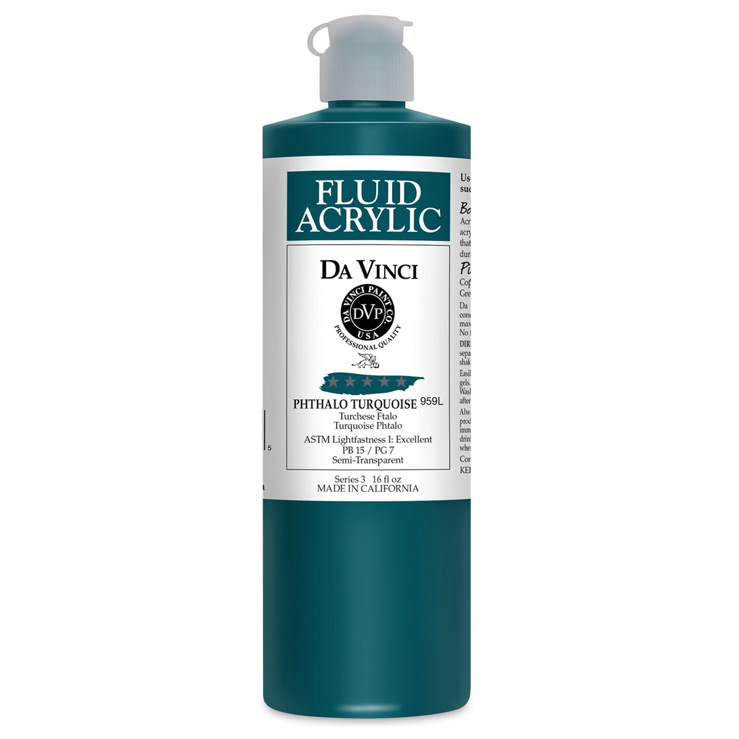 Da Vinci Fluid Acrylics - Phthalo Turquoise, 16 oz bottle