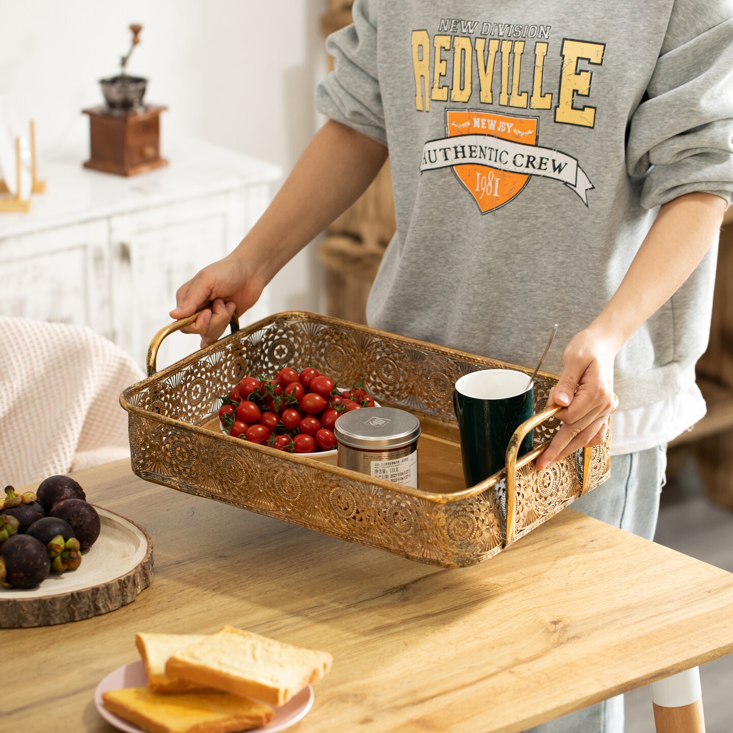 Metal Gold Rectangular Serving Tray with Oval Design and Handles