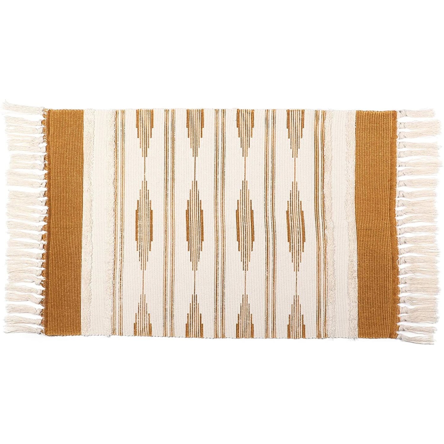 Yellow Bohemian Bathroom Rug with Tassels, Bohemian Style Mat (23.6 x 35 Inches)