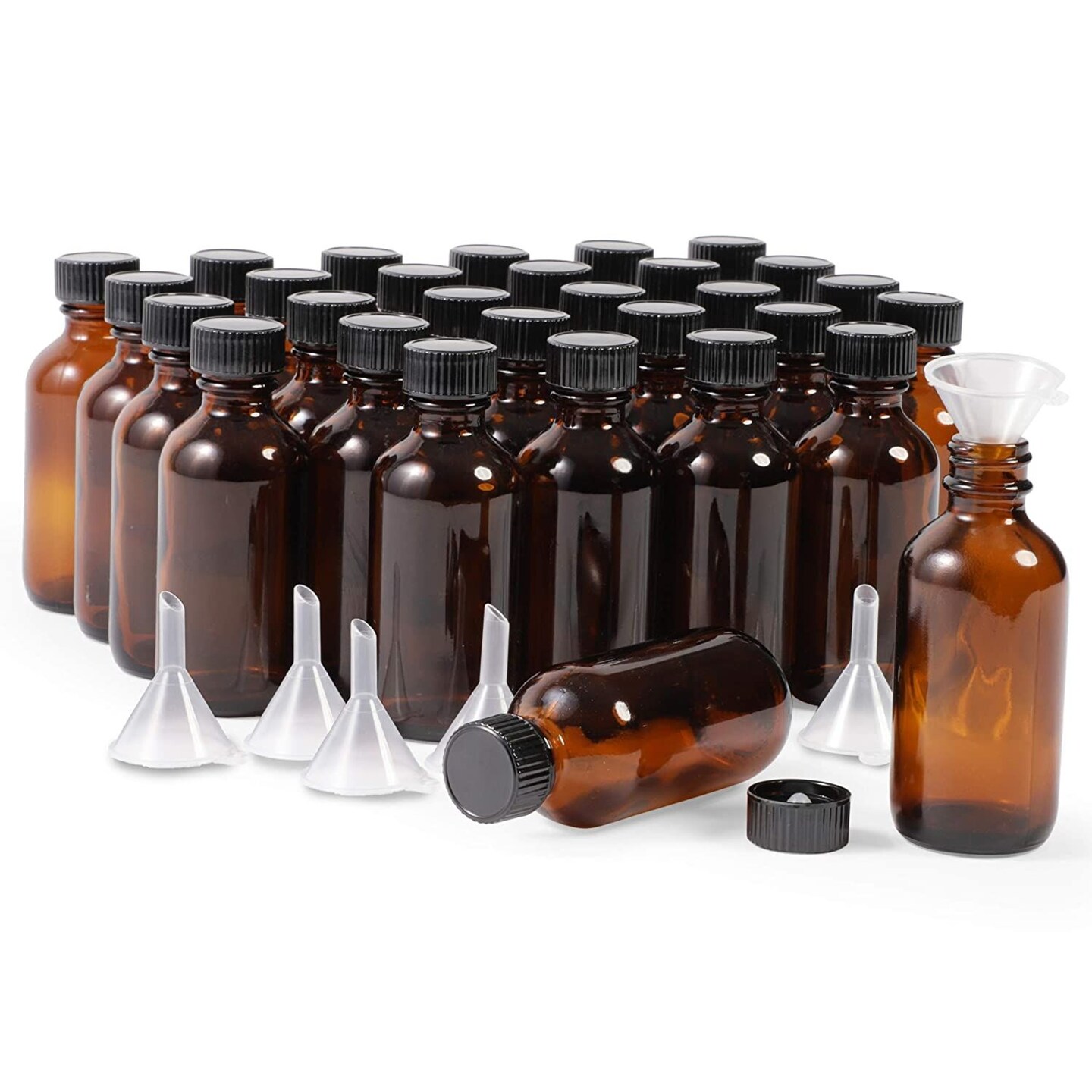 30-Pack 2 oz Amber Glass Bottles with Black Poly Cone Caps and 6 Funnels - Small Boston Round Bottle for Homemade Vanilla Extract, Essential Oils, Perfumes, Liquids