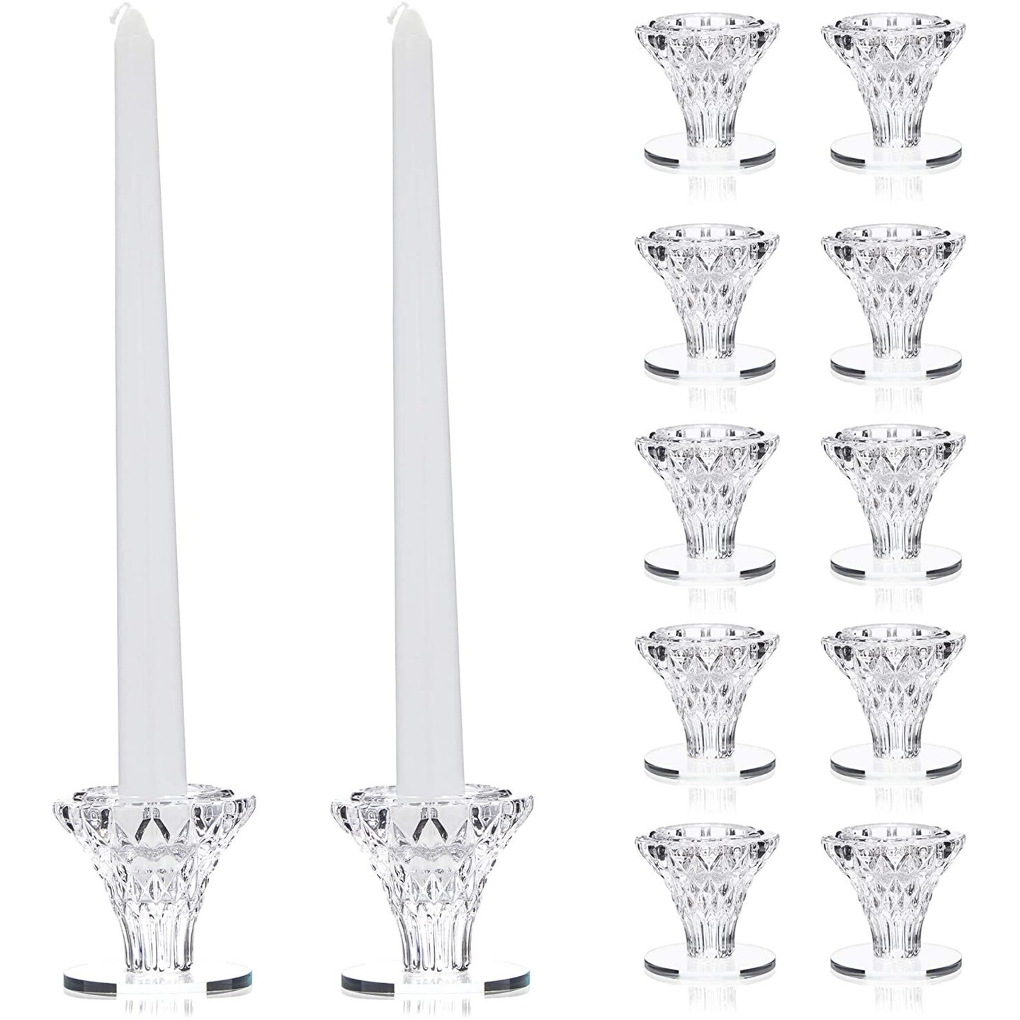 Set of 12 Glass Candlestick Holders- Small Taper Candle Holders for Wedding, Table Centerpieces, Home and Party D&#xE9;cor (2.4x2.3inch)