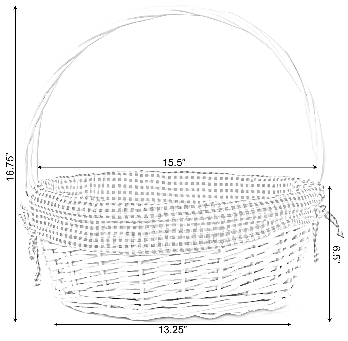 White Round Willow Gift Basket, with Gingham Liner and Handles