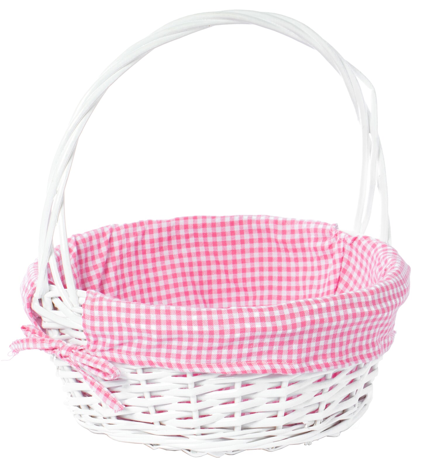 White Round Willow Gift Basket, with Gingham Liner and Handle