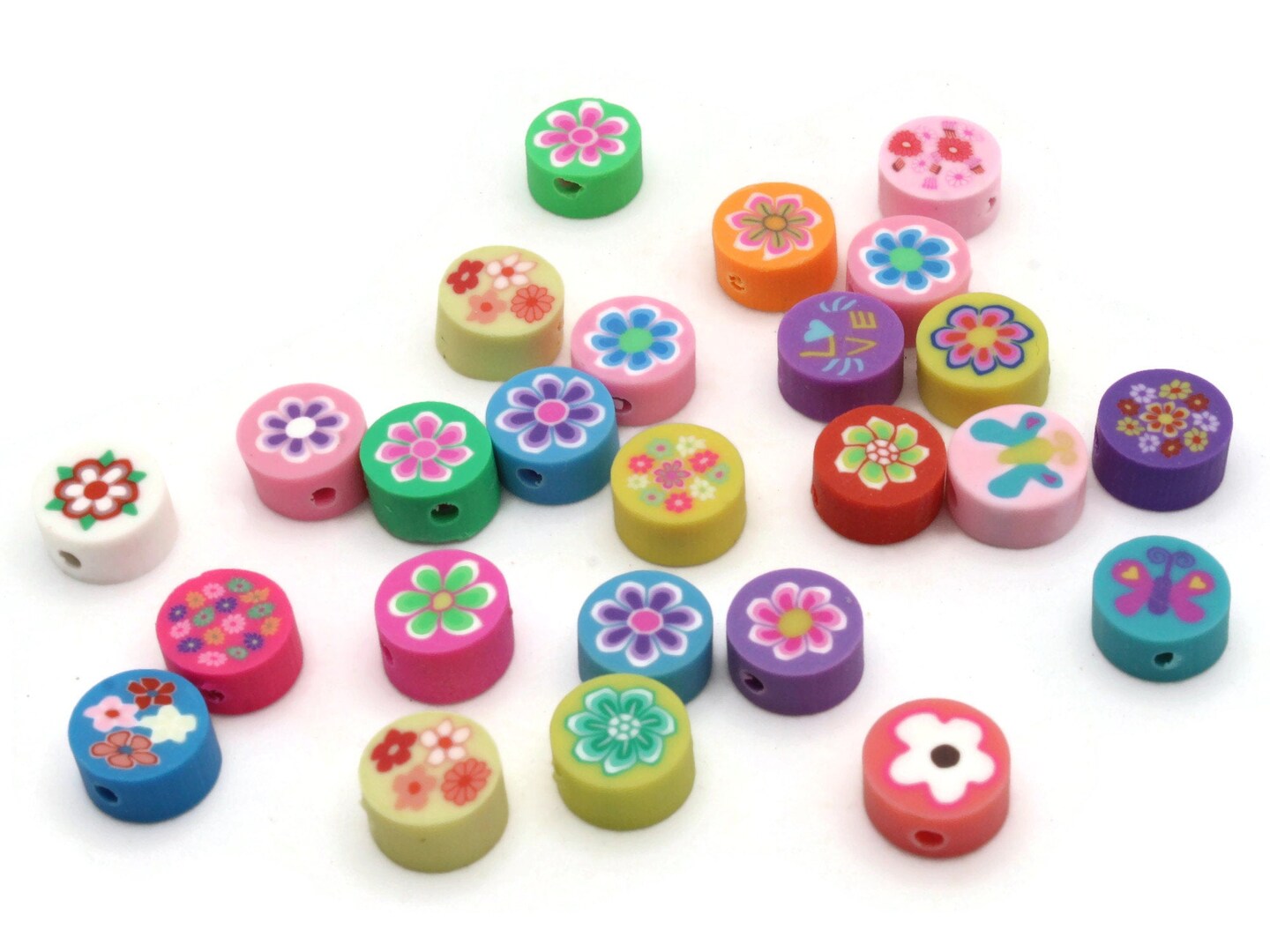 25 10mm Mixed Color Flower Polymer Clay Multi-Color Coin Beads