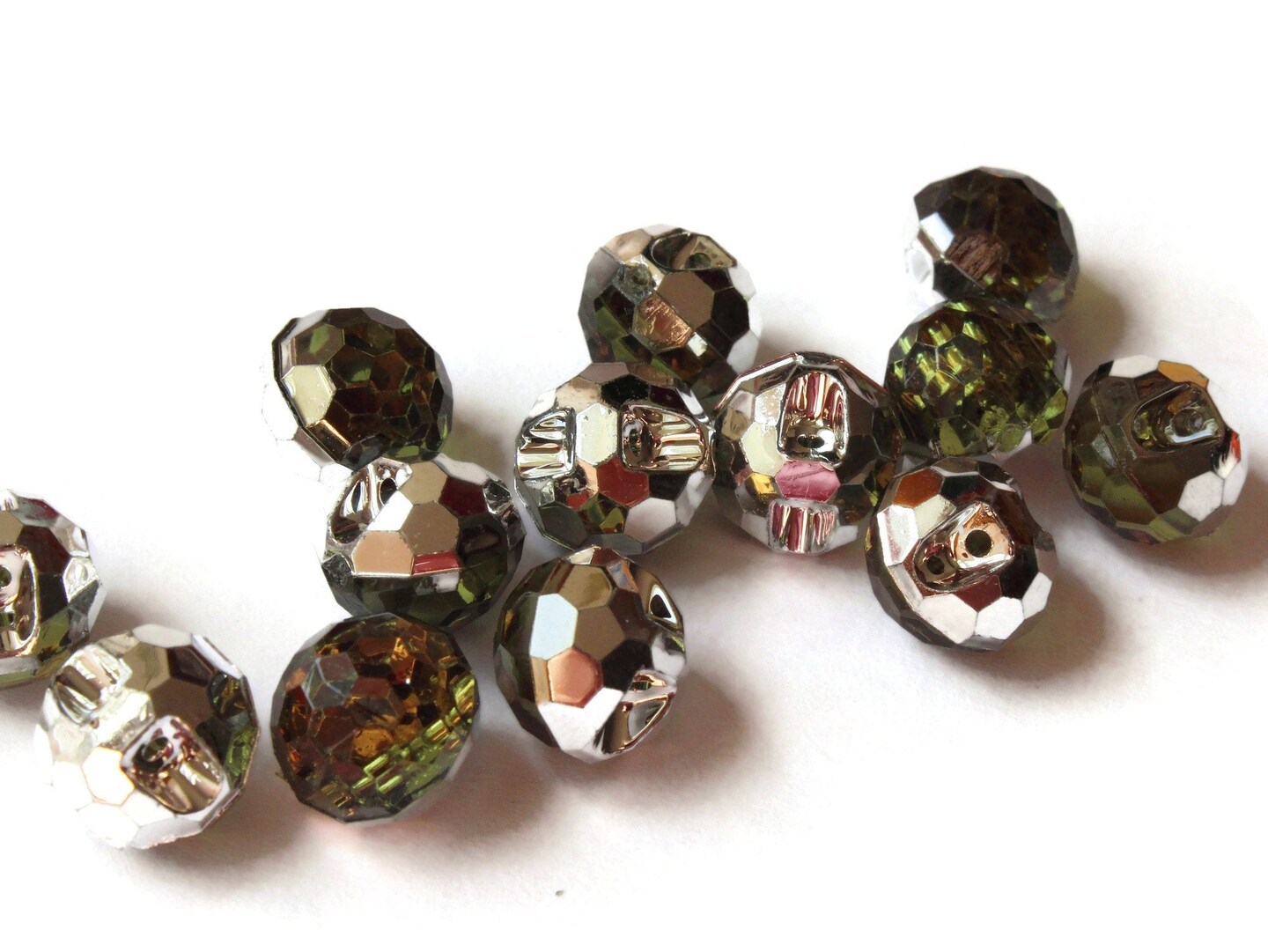14 12mm Olivine Color Button Olive Green Acrylic Faceted Round Buttons