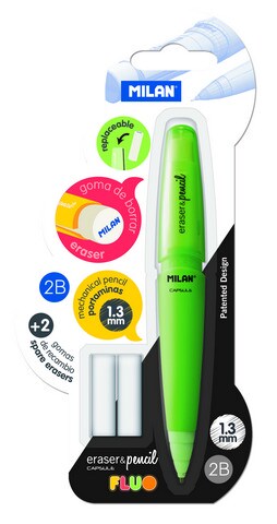 MILAN CAPSULE FLUOR TCH MECHANICAL PENCL &#x26; 2 ERASERS CARDED