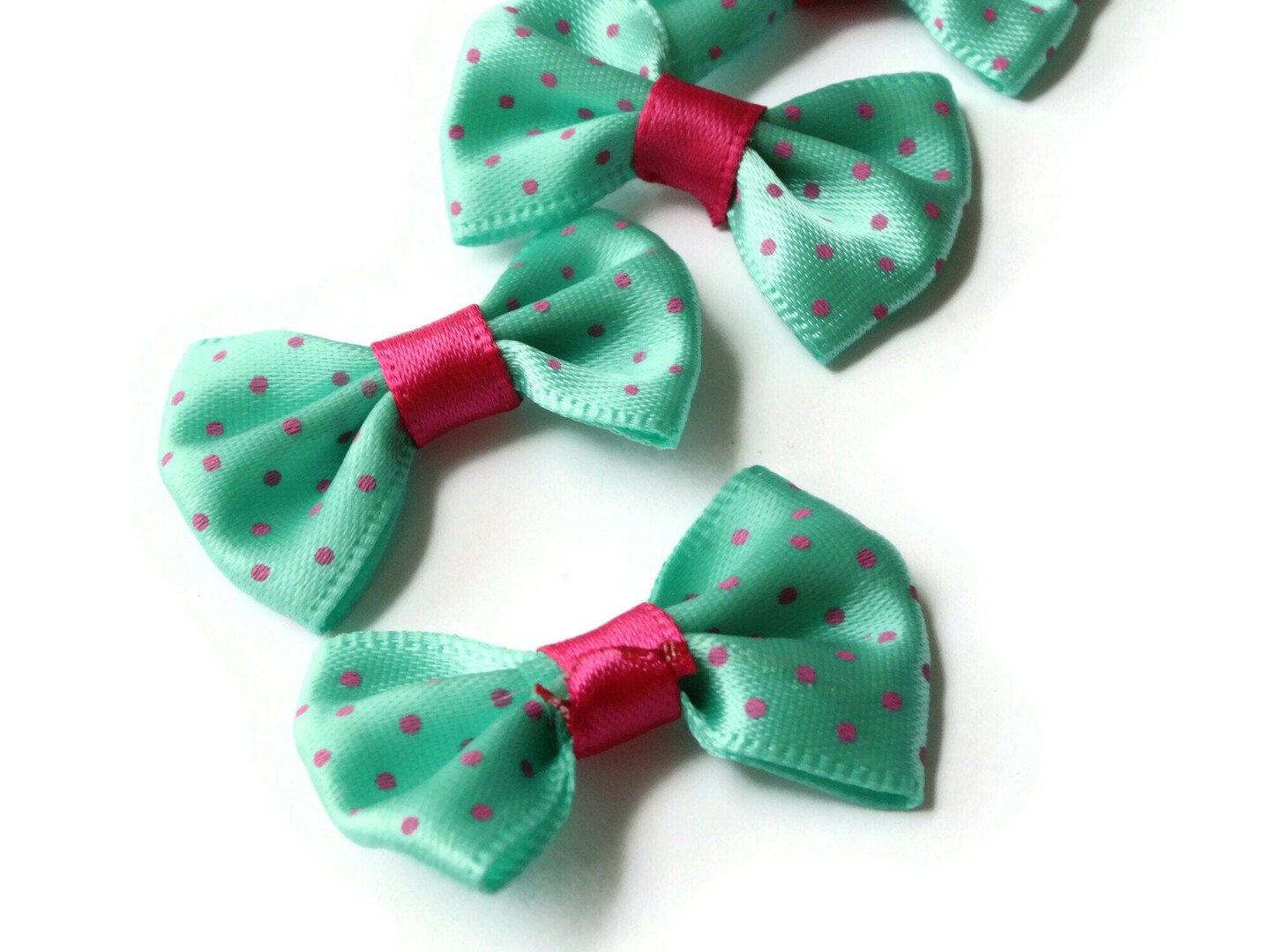 10 35mm Turquoise Green and Pink Polka Dot Bows - Loose Bow Embellishments