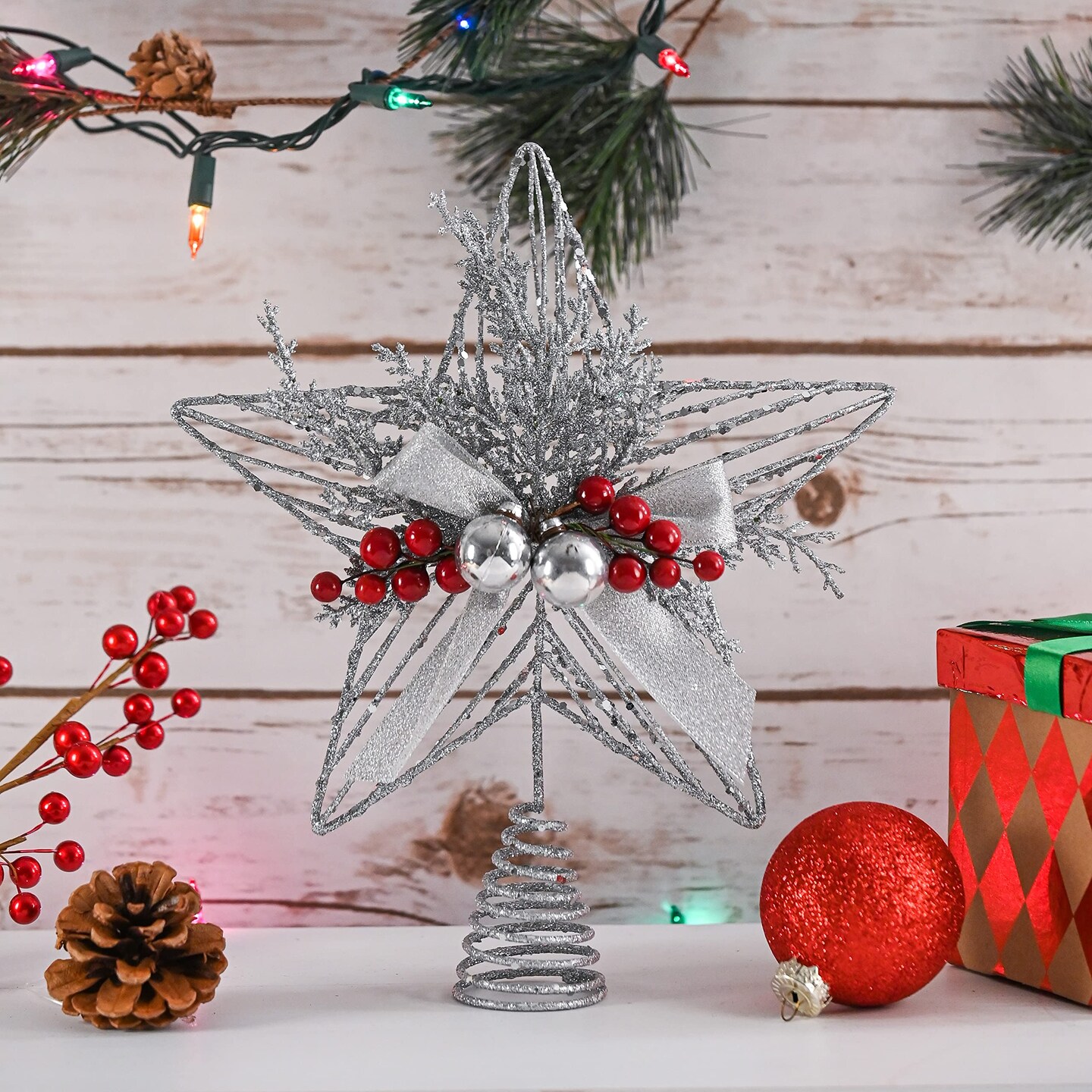 Ornativity Silver Star Tree Topper - Christmas Glitter Silver Star Holiday Tree Top Decoration with Silver Bells and Mistletoe and Red Berries