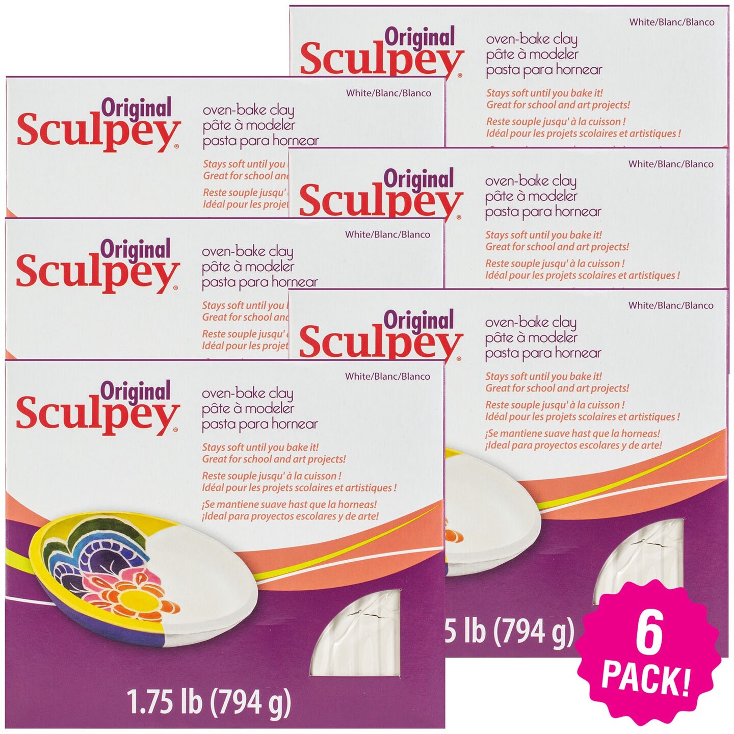 Sculpey Polymer Clay, White, 1.75lbs, Multipack of 6