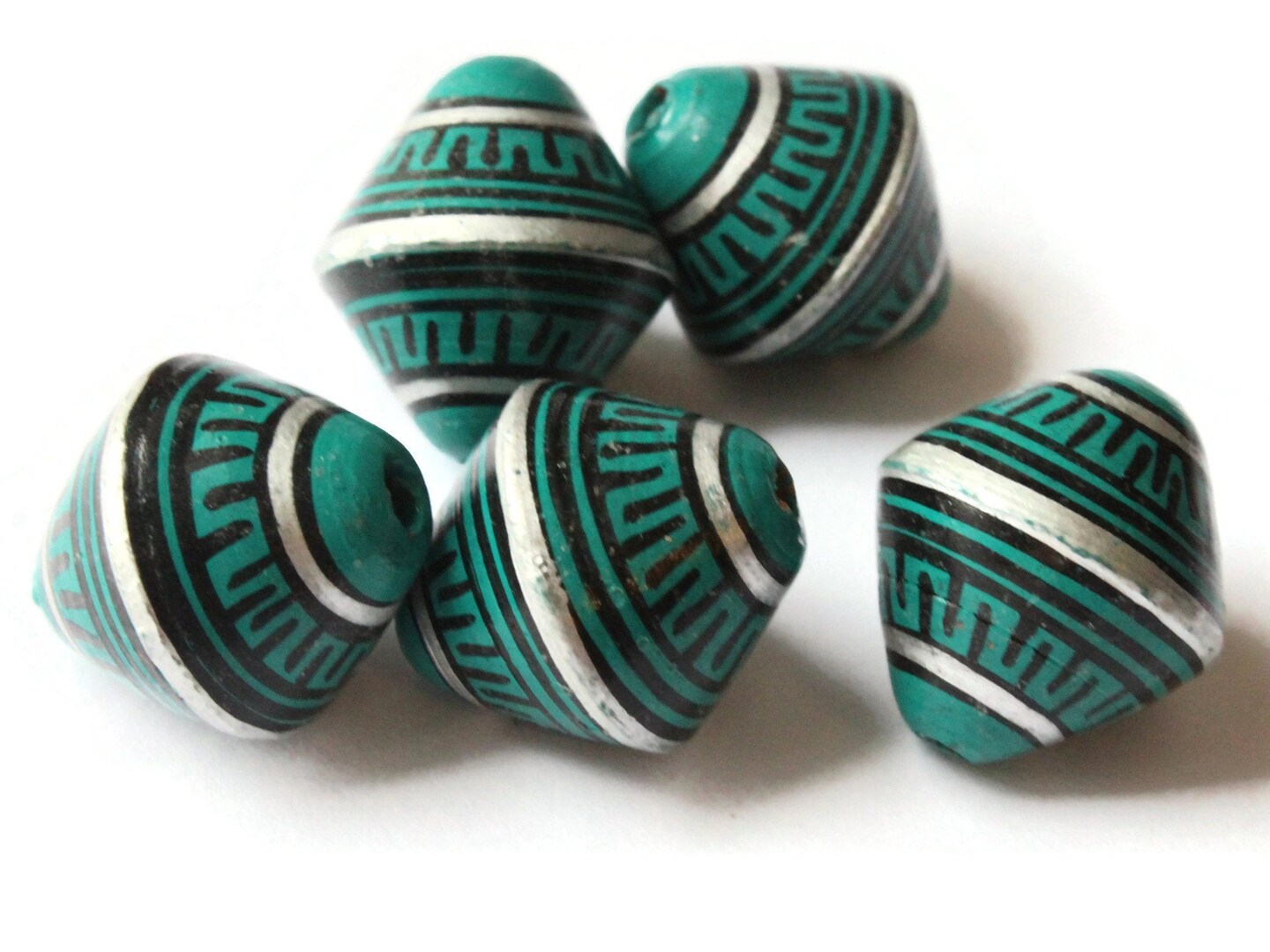 5 21mm Vintage Painted Peruvian Clay Beads - Teal Green Silver and Black Patterned Bicone Beads