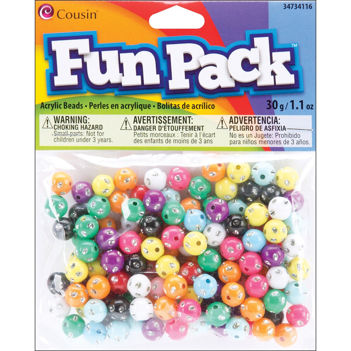 Cousin Fun Pack Acrylic Round Beads 1.1oz - Assorted W/Rhinestones