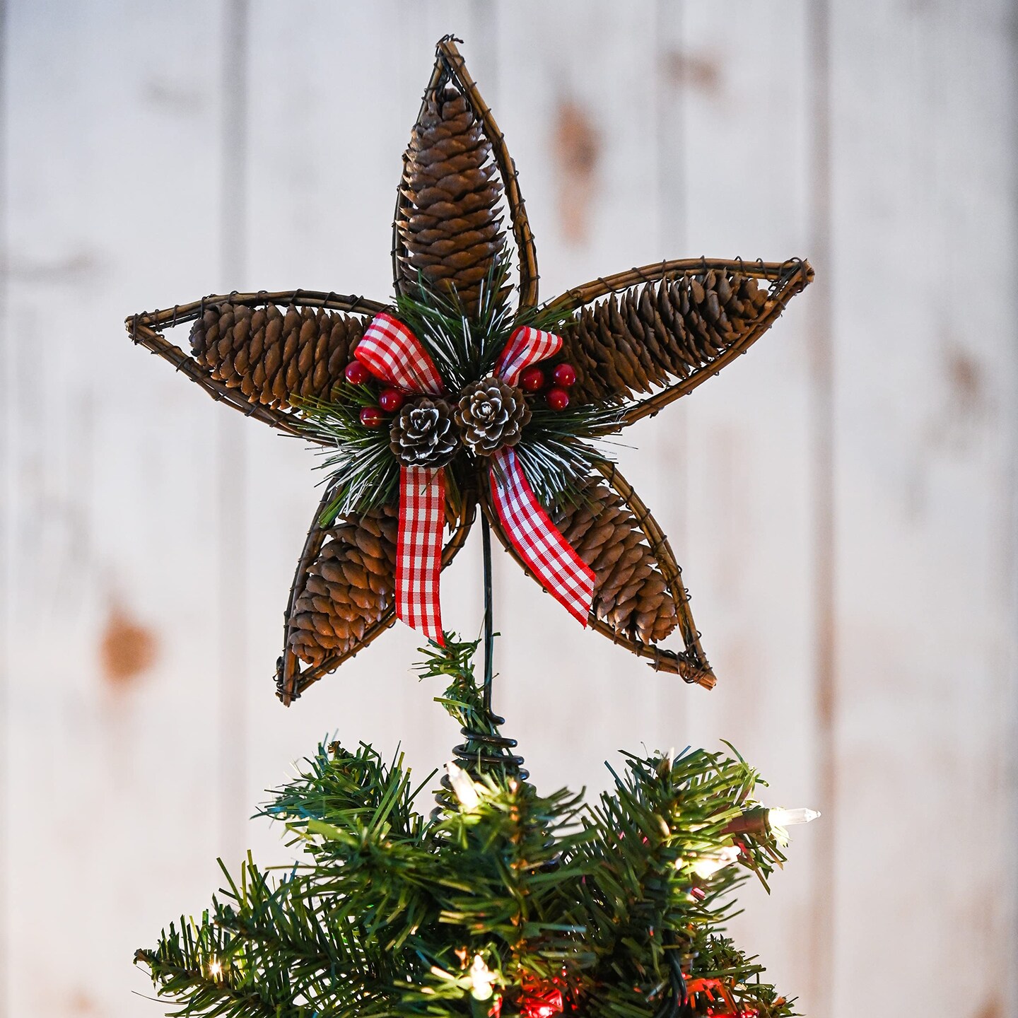 Ornativity Rattan Star Tree Topper - Christmas Rustic Acorn Tree Topper with Holly and Berry Decorations