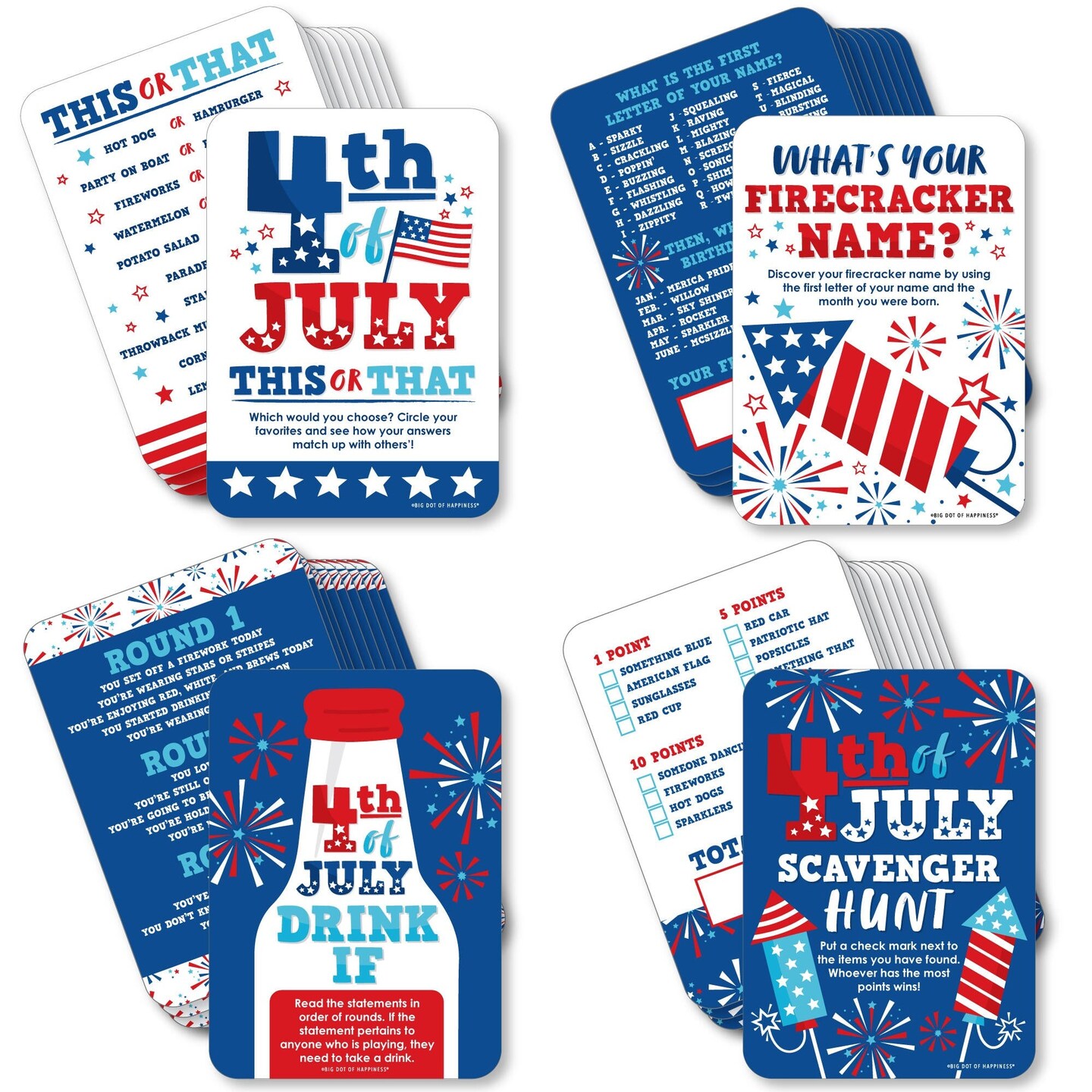 Big Dot of Happiness Firecracker 4th of July - 4 Red, White and Royal Blue Party Games - 10 Cards Each - Gamerific Bundle