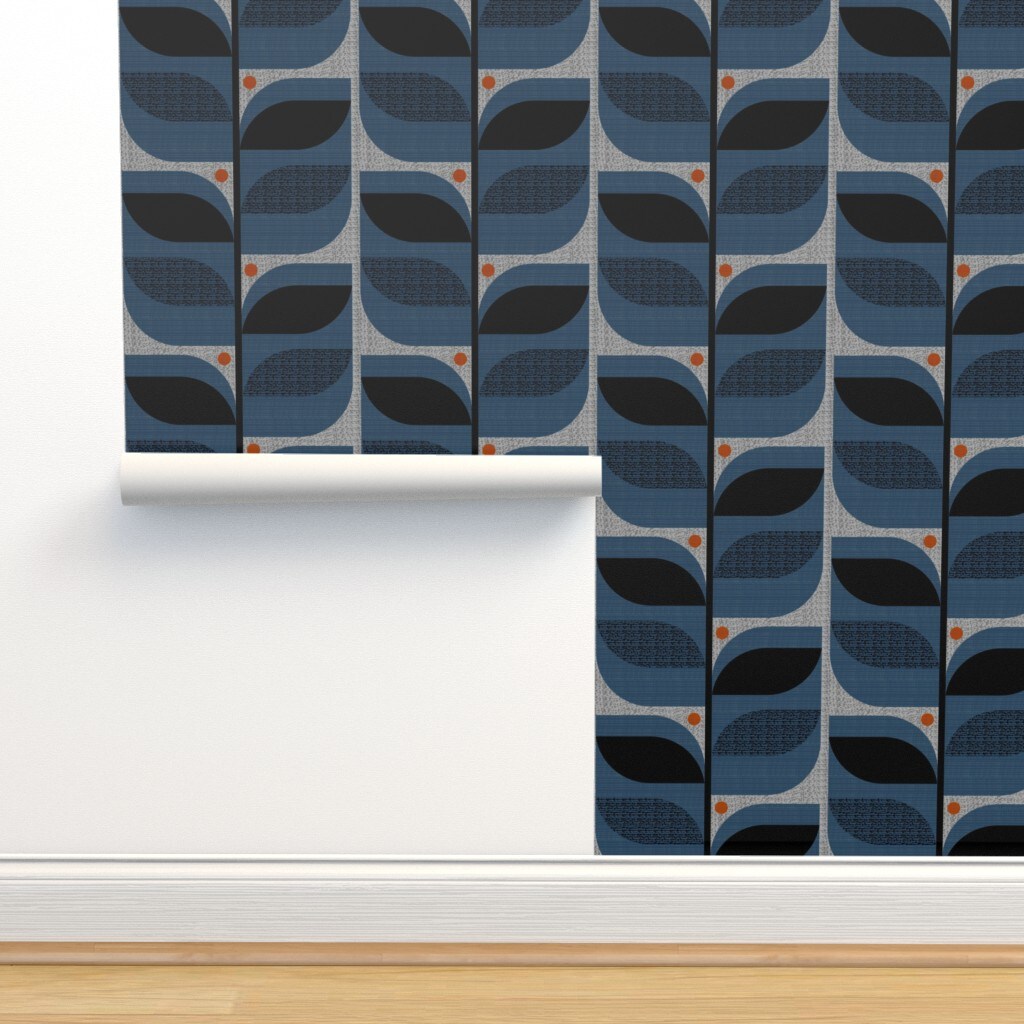 Mod Leaves Faux Textures Look Large Scale Denim Blue Retro Inspired Atomic Era 1950S 1960S Custom Pre-pasted Wallpaper by Spoonflower Pre-Pasted Wallpaper 2FT Wide