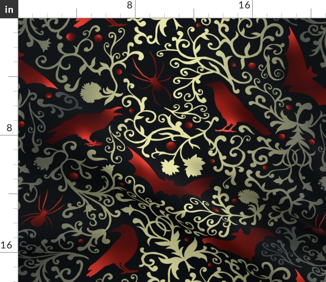 Black Red Gold Dark Victorian Ravens Gothic Bats Halloween Witches Spiders Pumpkins Ghosts October Custom Printed Fabric by Spoonflower Various Fabrics by the Yard or Fat Quarter